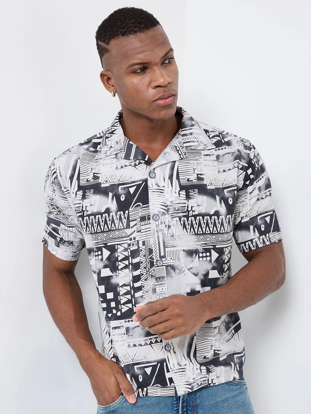 Half Sleeves Regular Fit Grey Monochrome geometric fusion Cuban Collar Print Shirt - Image 3