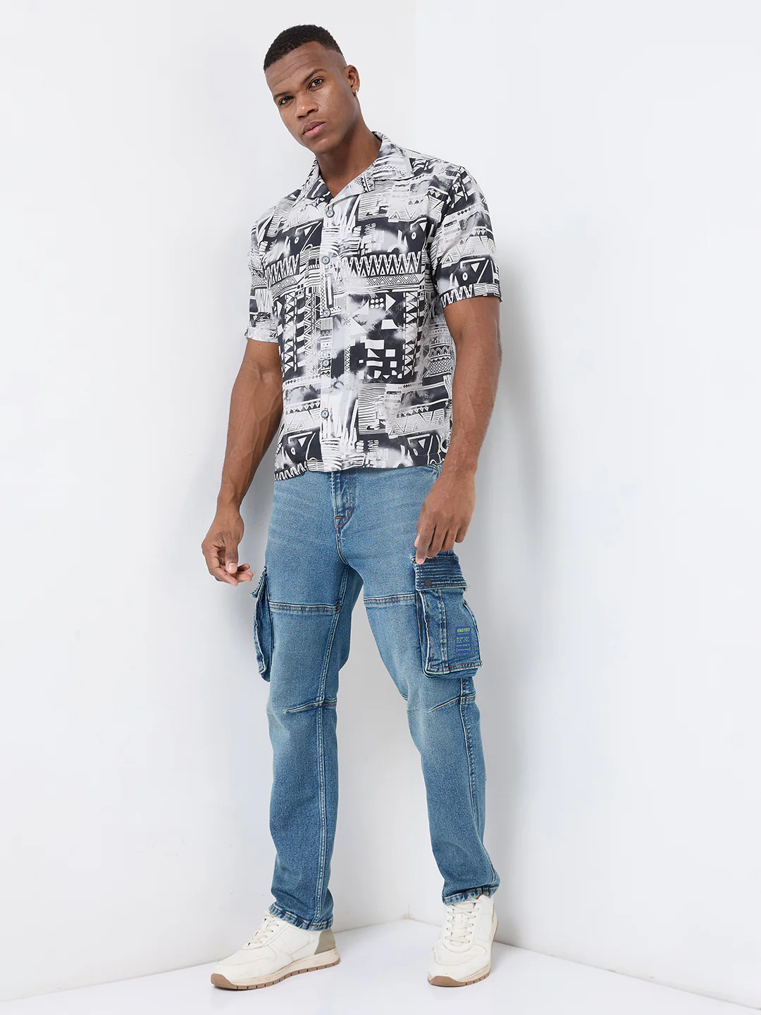 Half Sleeves Regular Fit Grey Monochrome geometric fusion Cuban Collar Print Shirt - Image 4