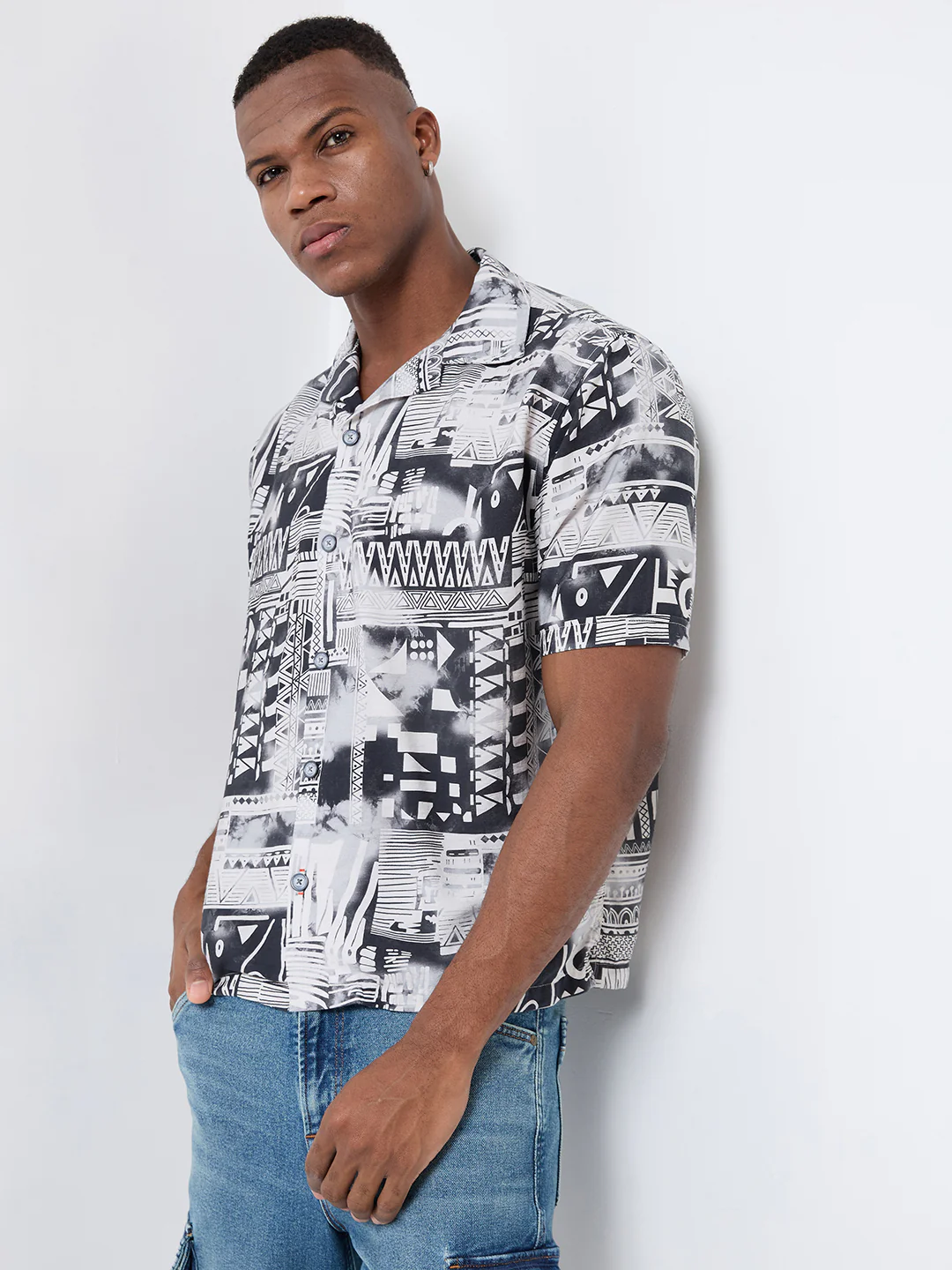 Half Sleeves Regular Fit Grey Monochrome geometric fusion Cuban Collar Print Shirt - Image 6