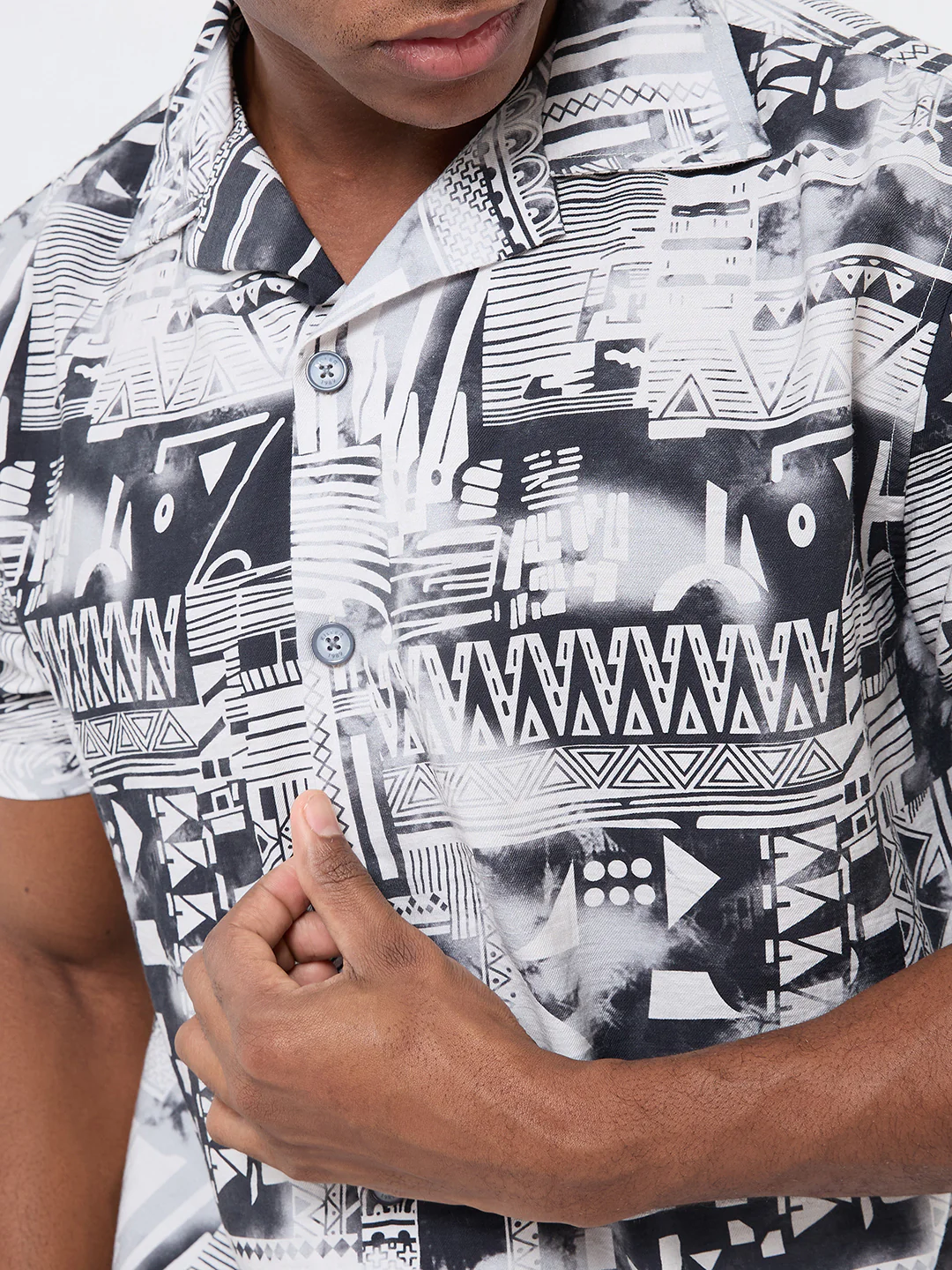Half Sleeves Regular Fit Grey Monochrome geometric fusion Cuban Collar Print Shirt - Image 7
