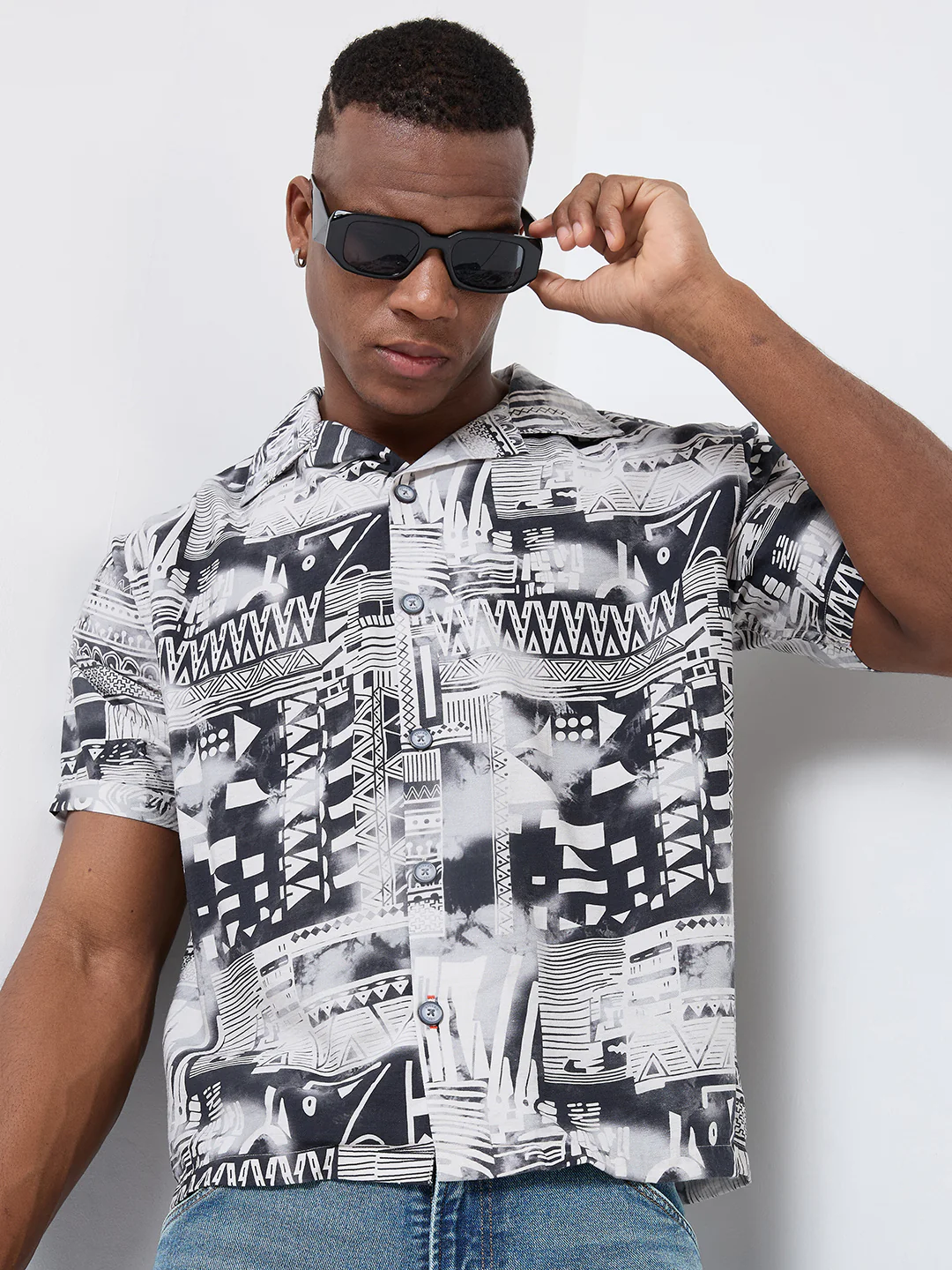 Half Sleeves Regular Fit Grey Monochrome geometric fusion Cuban Collar Print Shirt - Image 8