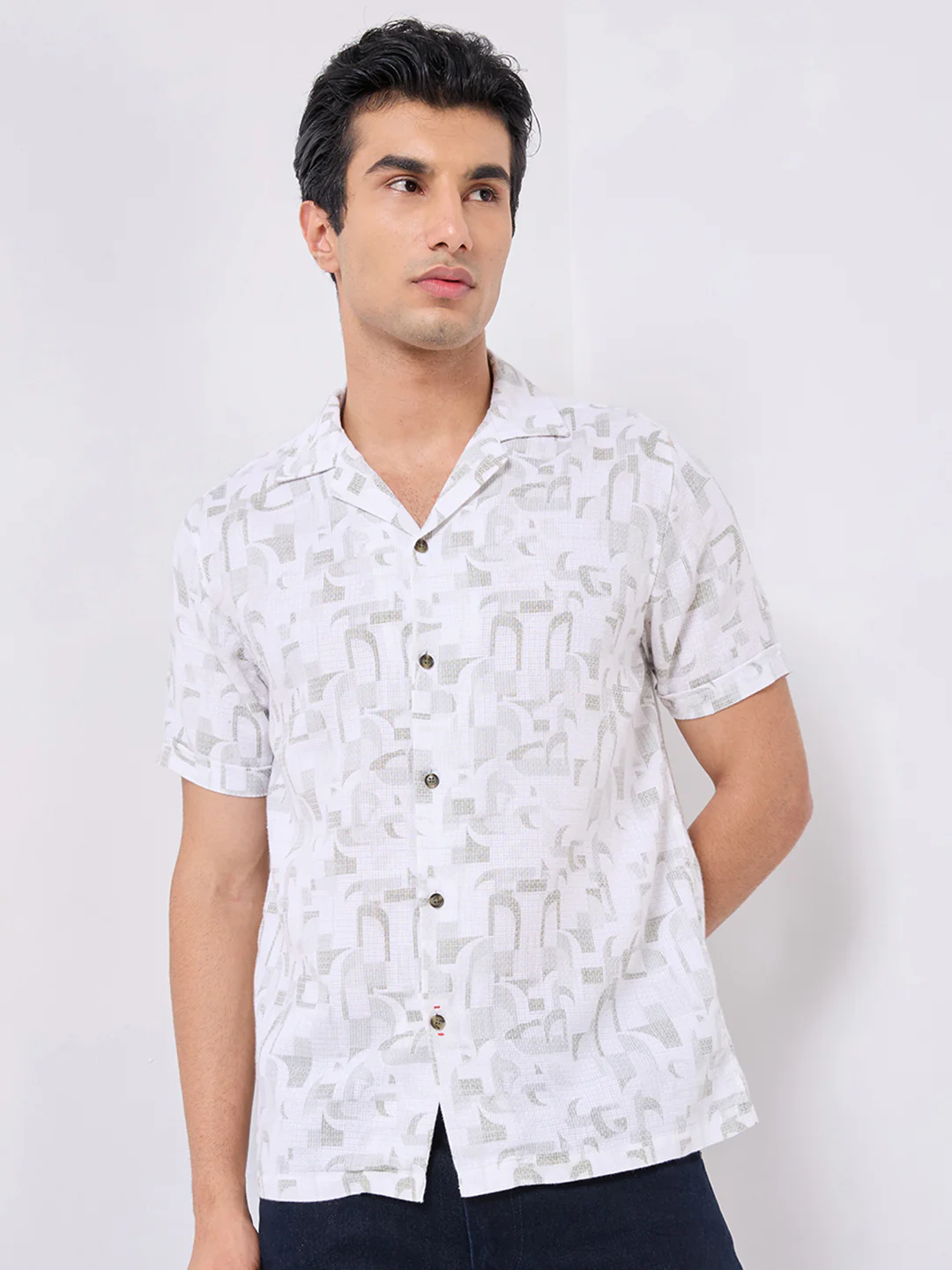 Half Sleeves Regular Fit Olive Geometric Dobby Cuban Collar Print Shirt - Image 3