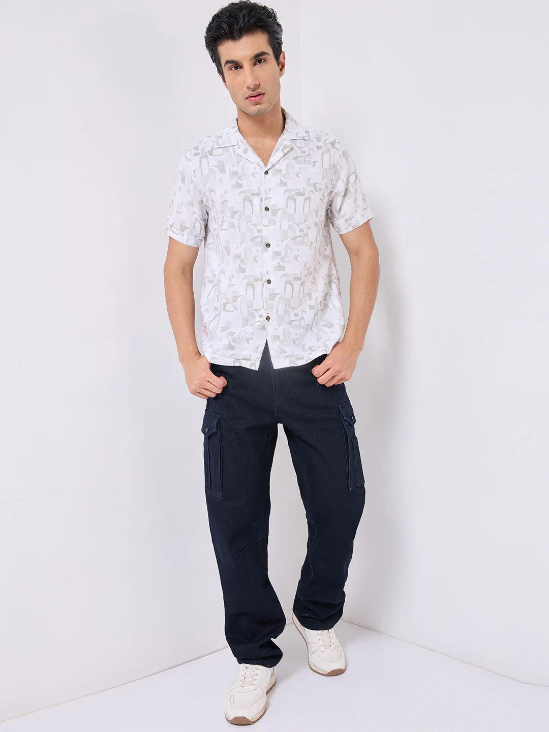 Half Sleeves Regular Fit Olive Geometric Dobby Cuban Collar Print Shirt - Image 4