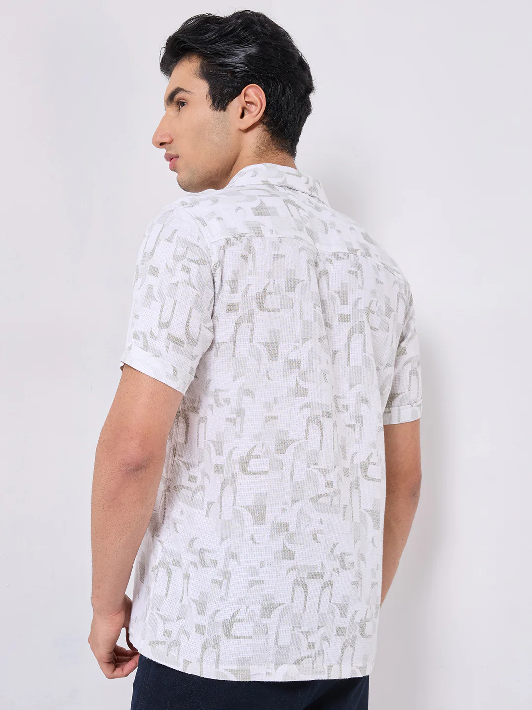 Half Sleeves Regular Fit Olive Geometric Dobby Cuban Collar Print Shirt - Image 5