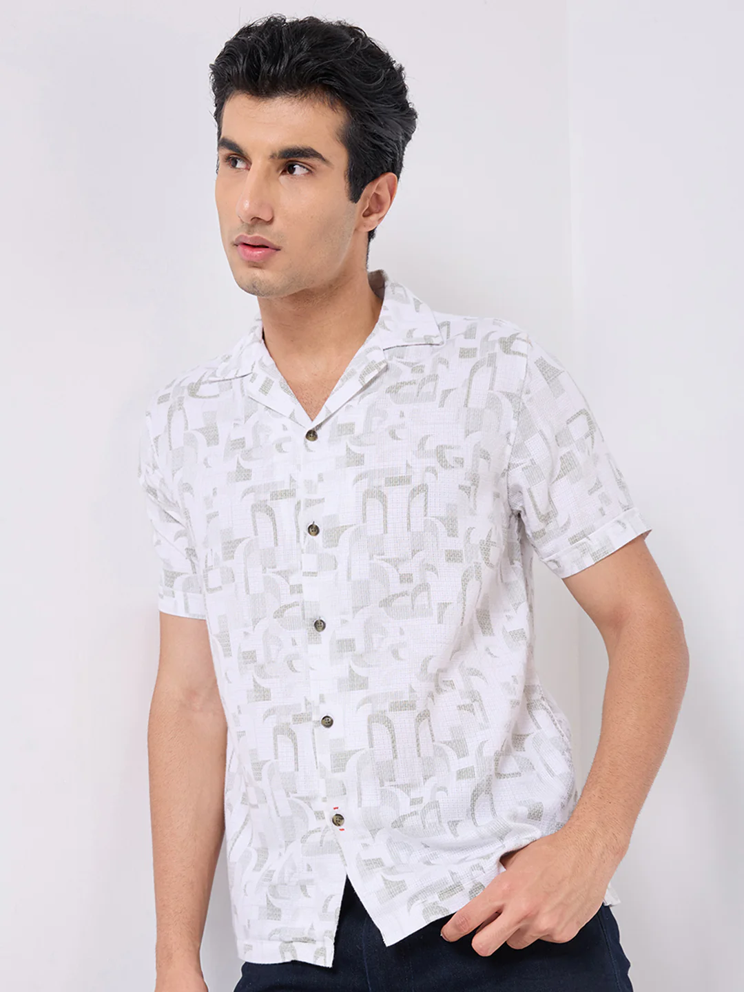 Half Sleeves Regular Fit Olive Geometric Dobby Cuban Collar Print Shirt - Image 6