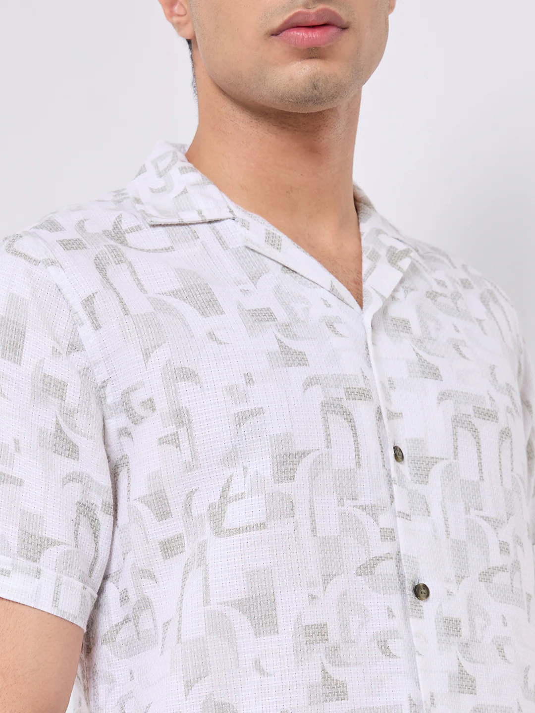 Half Sleeves Regular Fit Olive Geometric Dobby Cuban Collar Print Shirt - Image 7