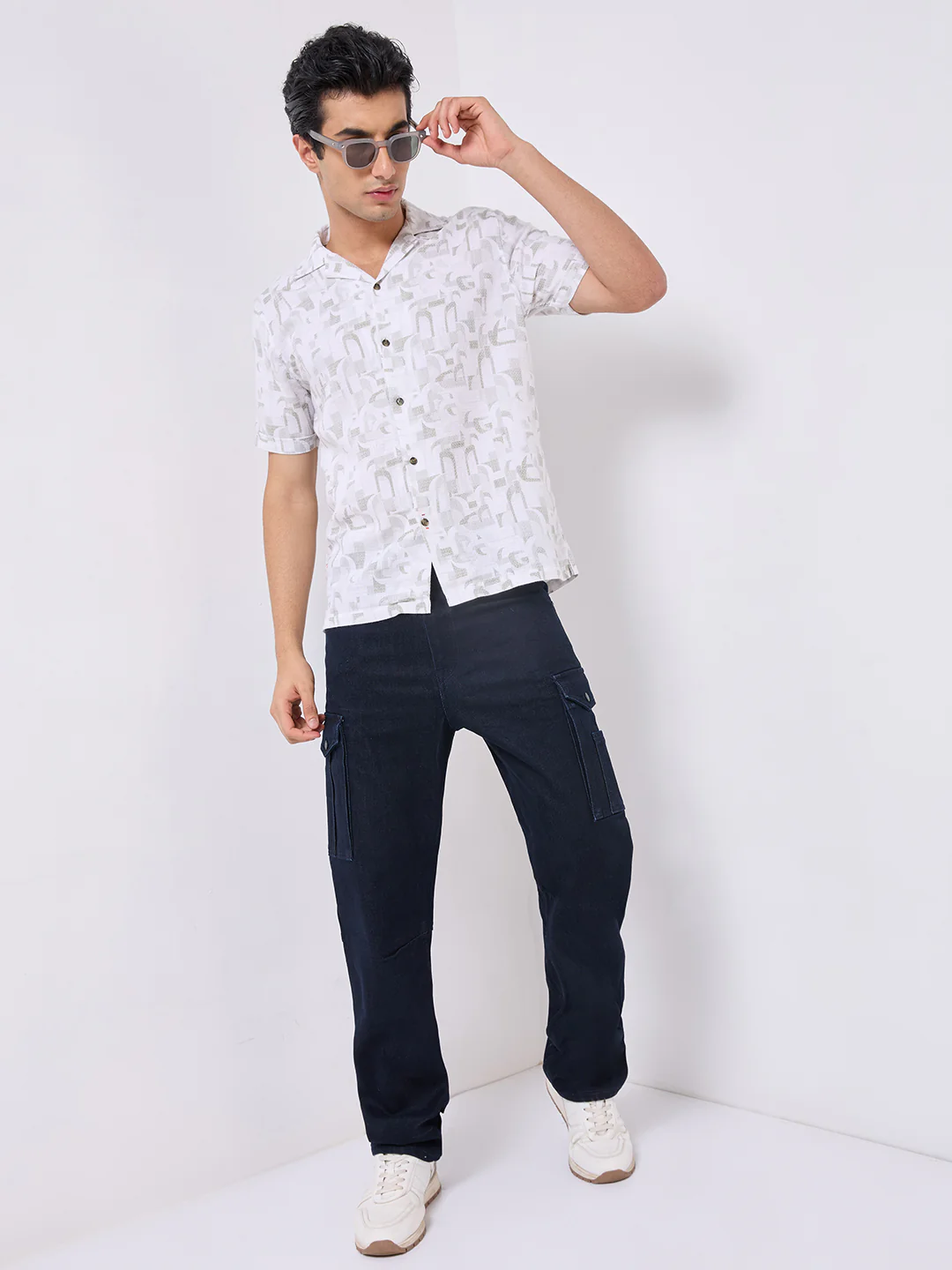Half Sleeves Regular Fit Olive Geometric Dobby Cuban Collar Print Shirt - Image 8