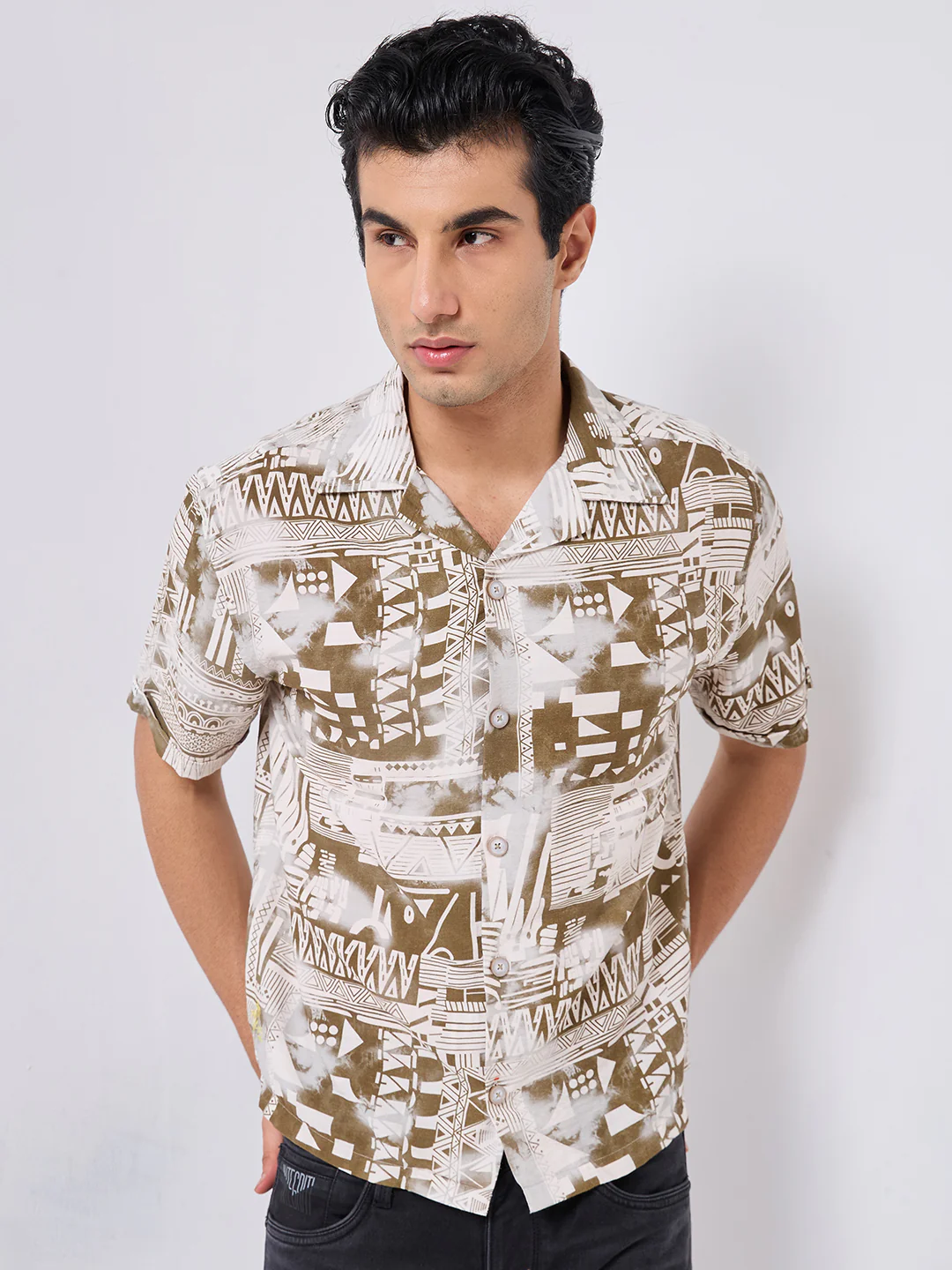 Half Sleeves Regular Fit Olive Geometric fusion Cuban Collar Print Shirt - Image 3