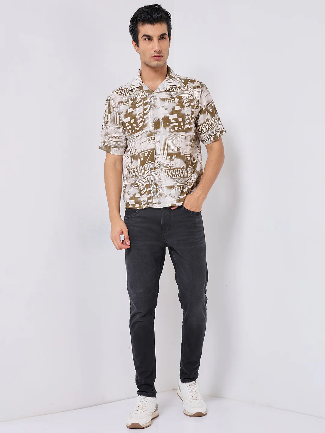 Half Sleeves Regular Fit Olive Geometric fusion Cuban Collar Print Shirt - Image 4