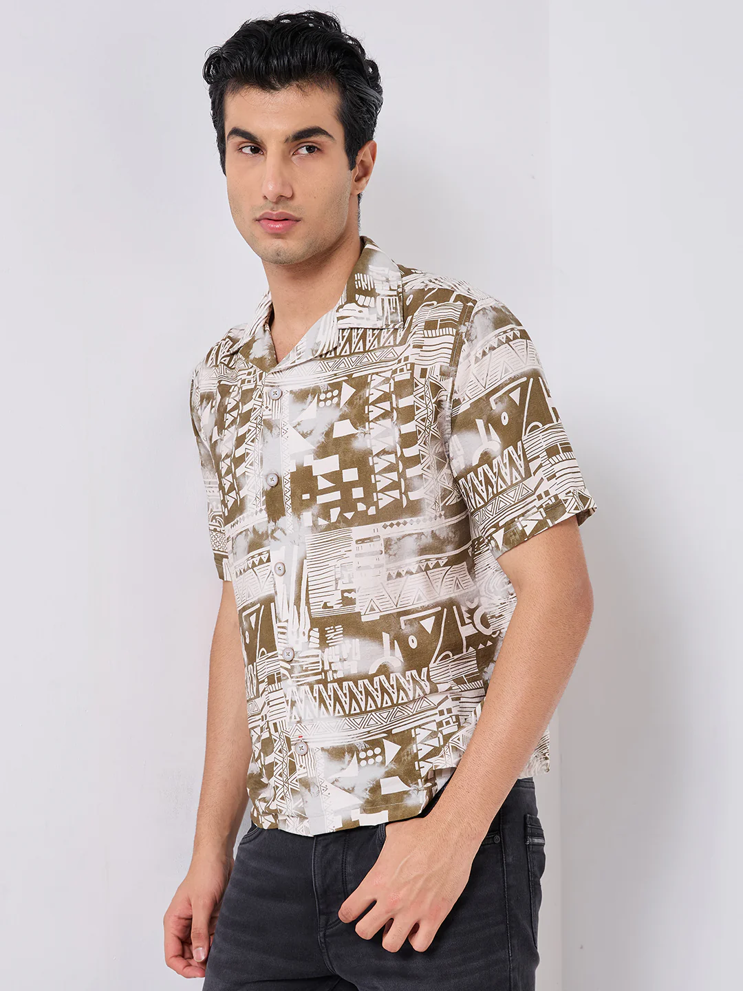 Half Sleeves Regular Fit Olive Geometric fusion Cuban Collar Print Shirt - Image 6