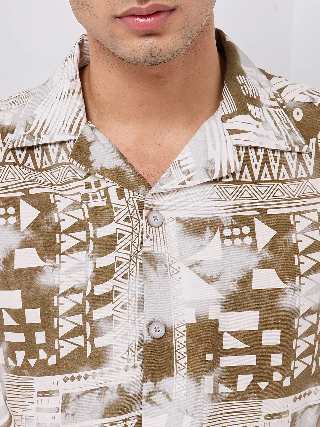 Half Sleeves Regular Fit Olive Geometric fusion Cuban Collar Print Shirt - Image 7