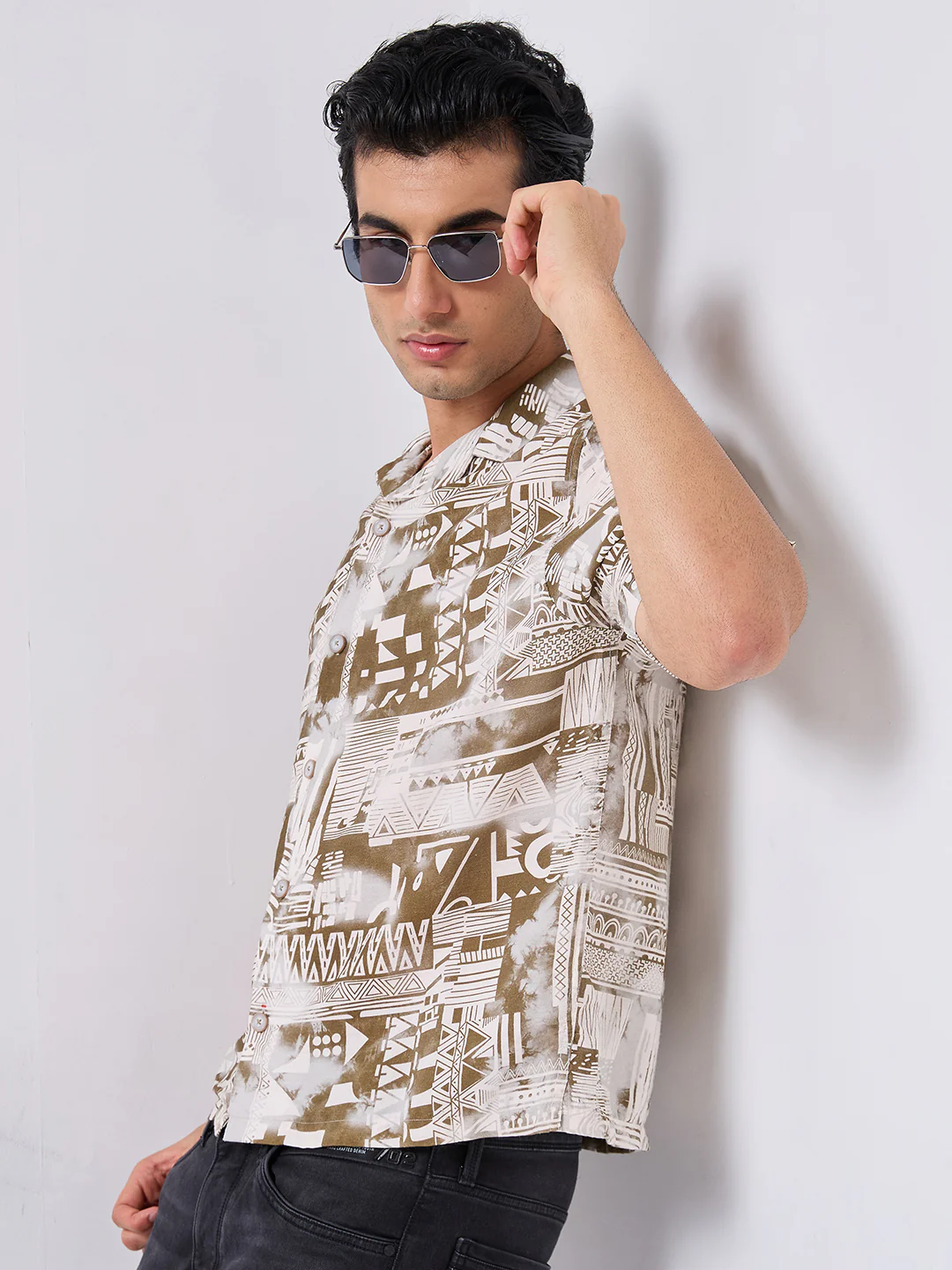 Half Sleeves Regular Fit Olive Geometric fusion Cuban Collar Print Shirt - Image 8