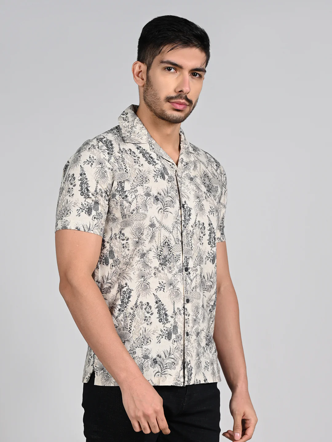 Full Sleeves Straight Fit Natural All-Over Botanical Cuban Coallar Print Shirt - Image 6