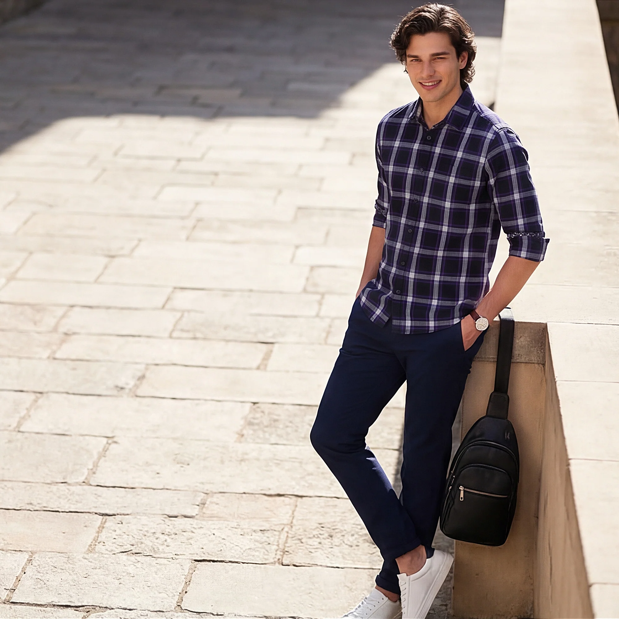 Full Sleeves Slim Fit PurpleHerringbone Structure Checks Shirt