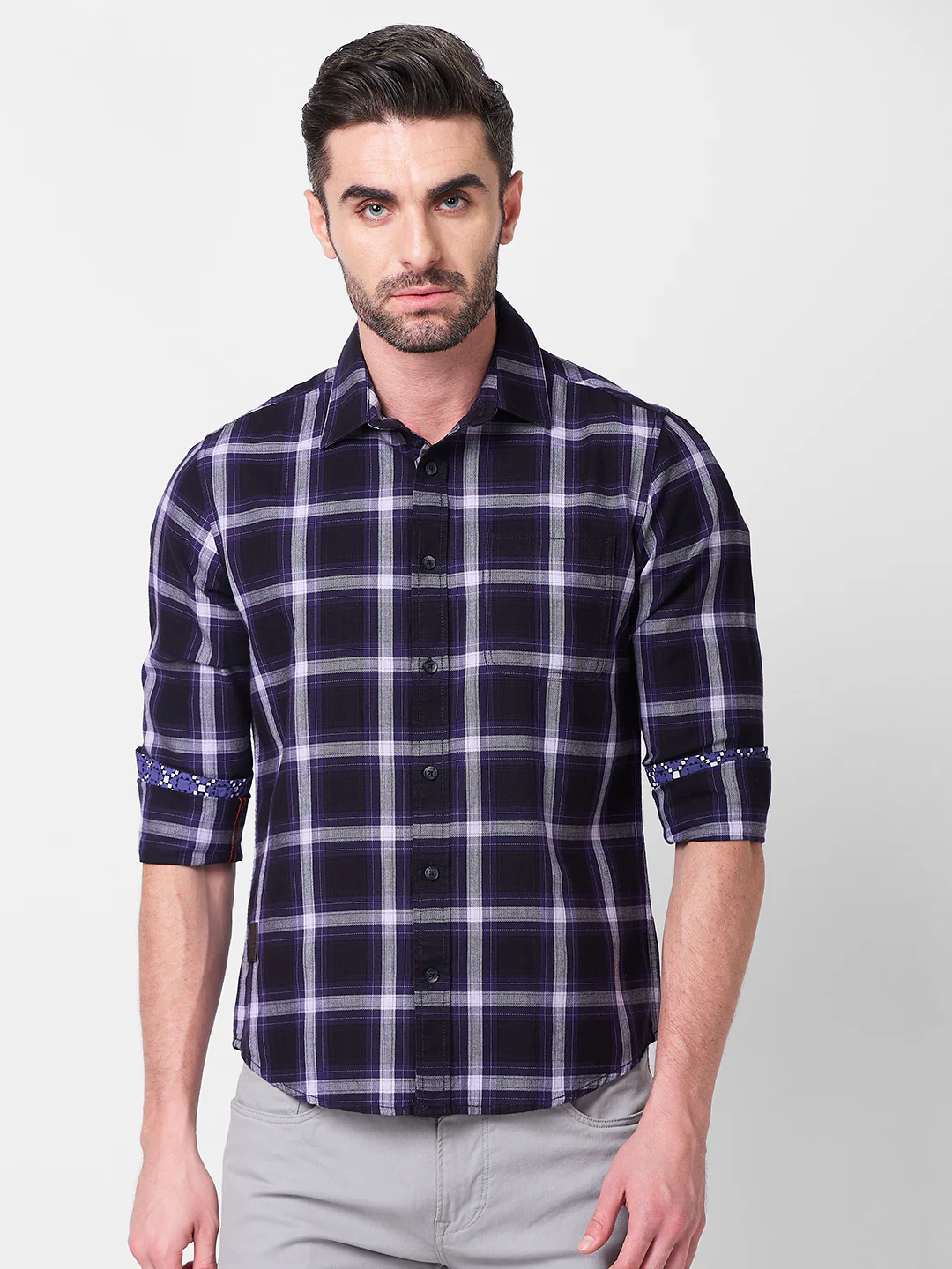 Full Sleeves Slim Fit PurpleHerringbone Structure Checks Shirt - Image 3