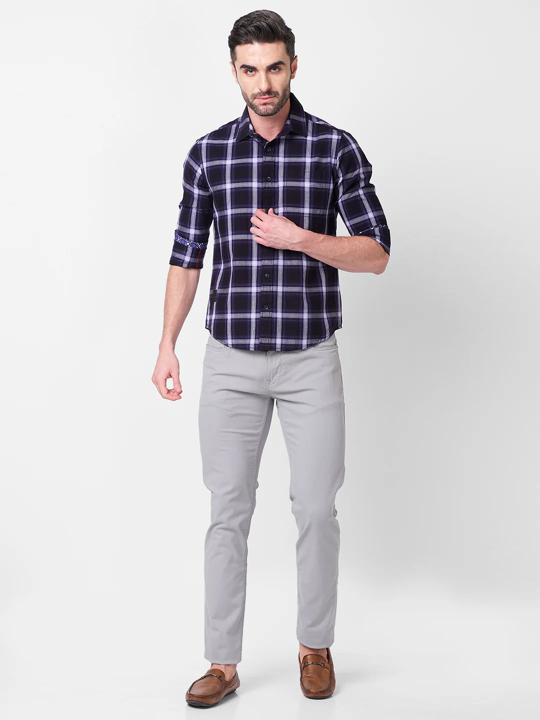 Full Sleeves Slim Fit PurpleHerringbone Structure Checks Shirt - Image 4