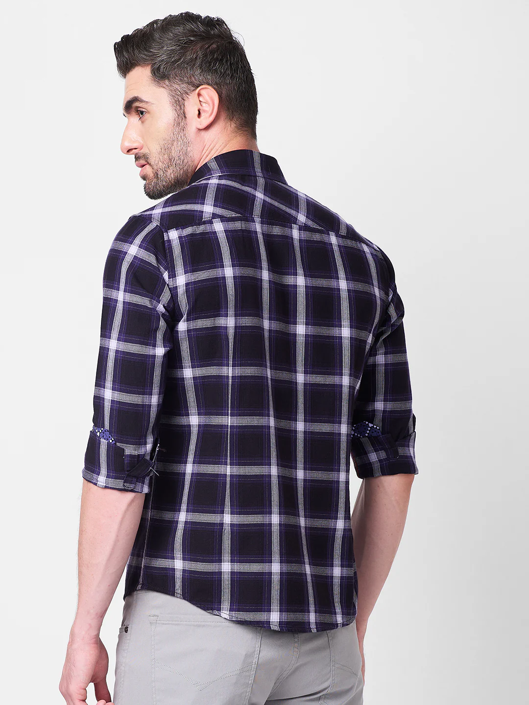 Full Sleeves Slim Fit PurpleHerringbone Structure Checks Shirt - Image 5