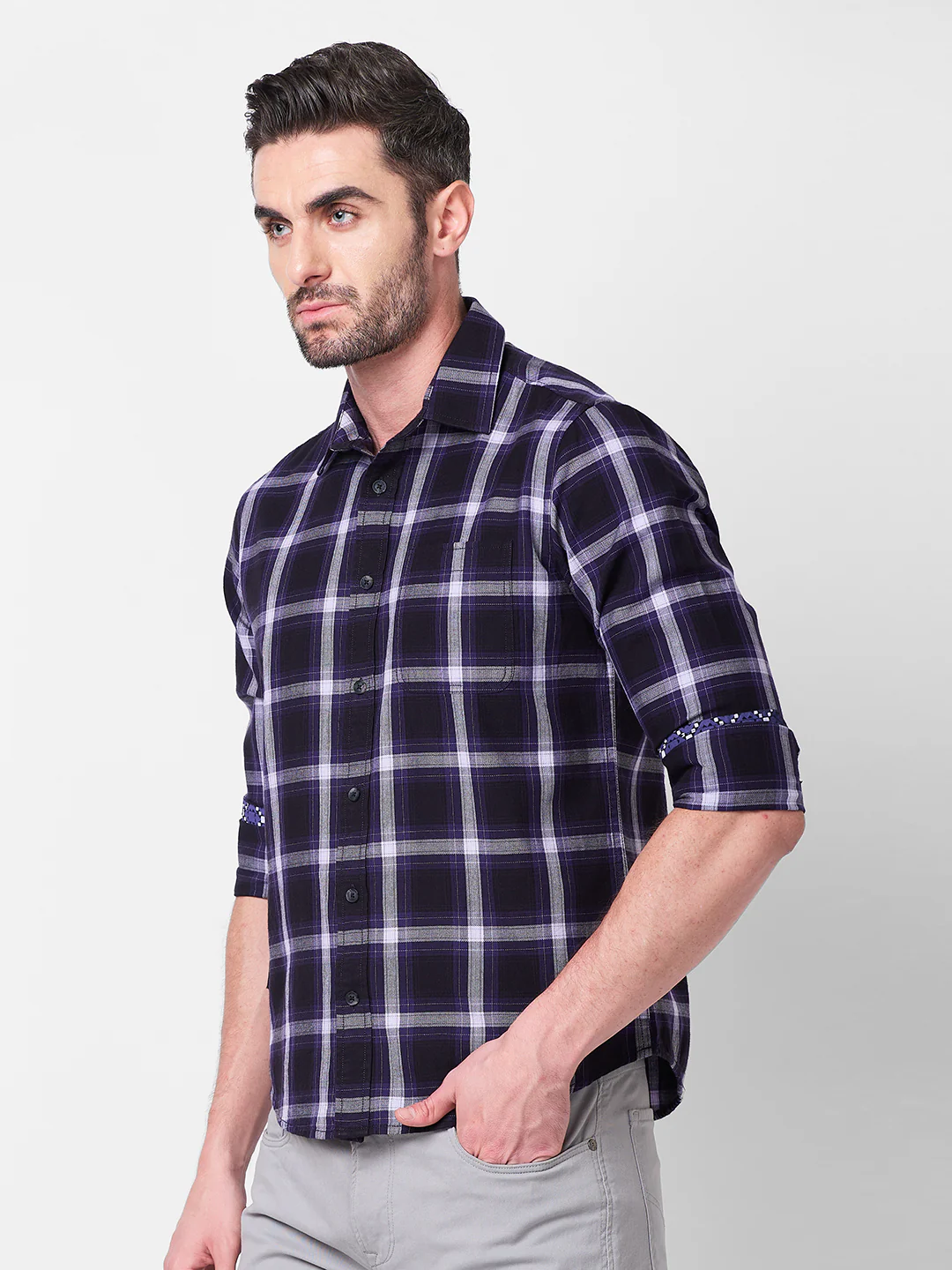 Full Sleeves Slim Fit PurpleHerringbone Structure Checks Shirt - Image 6