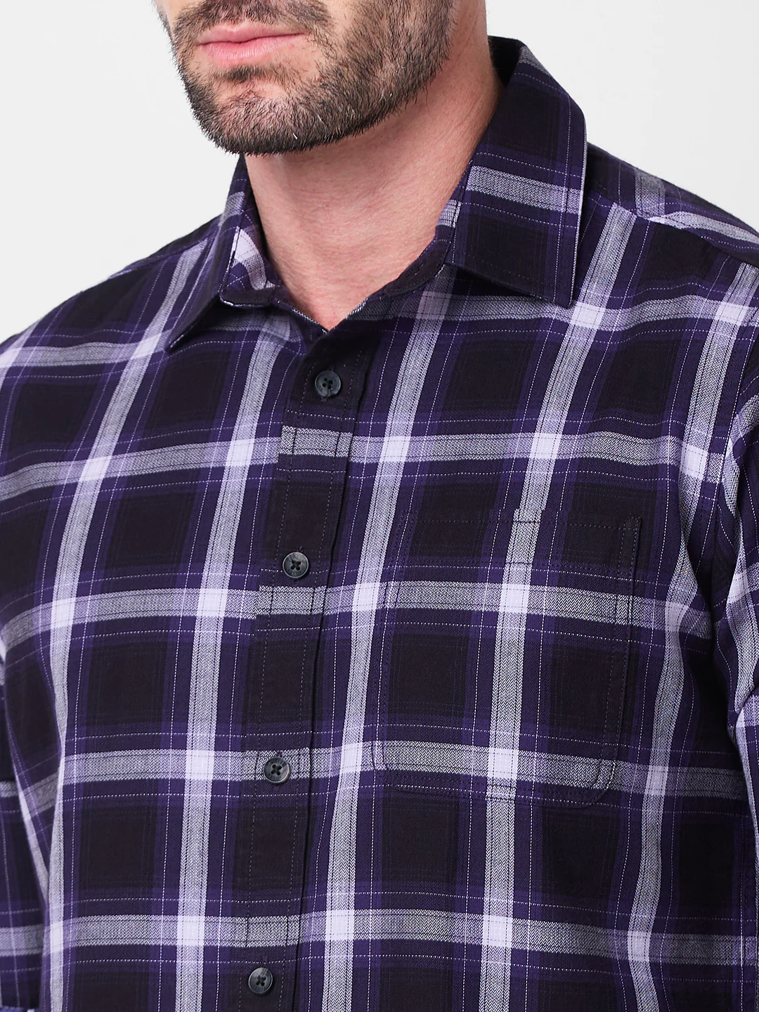 Full Sleeves Slim Fit PurpleHerringbone Structure Checks Shirt - Image 7