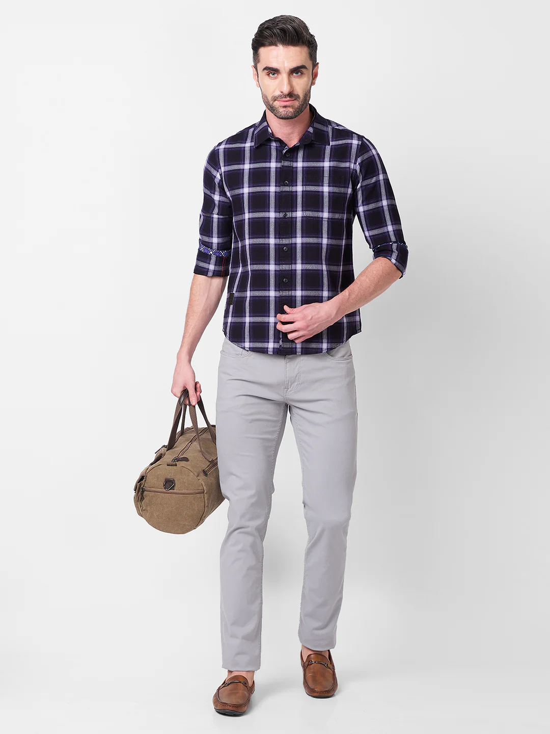 Full Sleeves Slim Fit PurpleHerringbone Structure Checks Shirt - Image 8