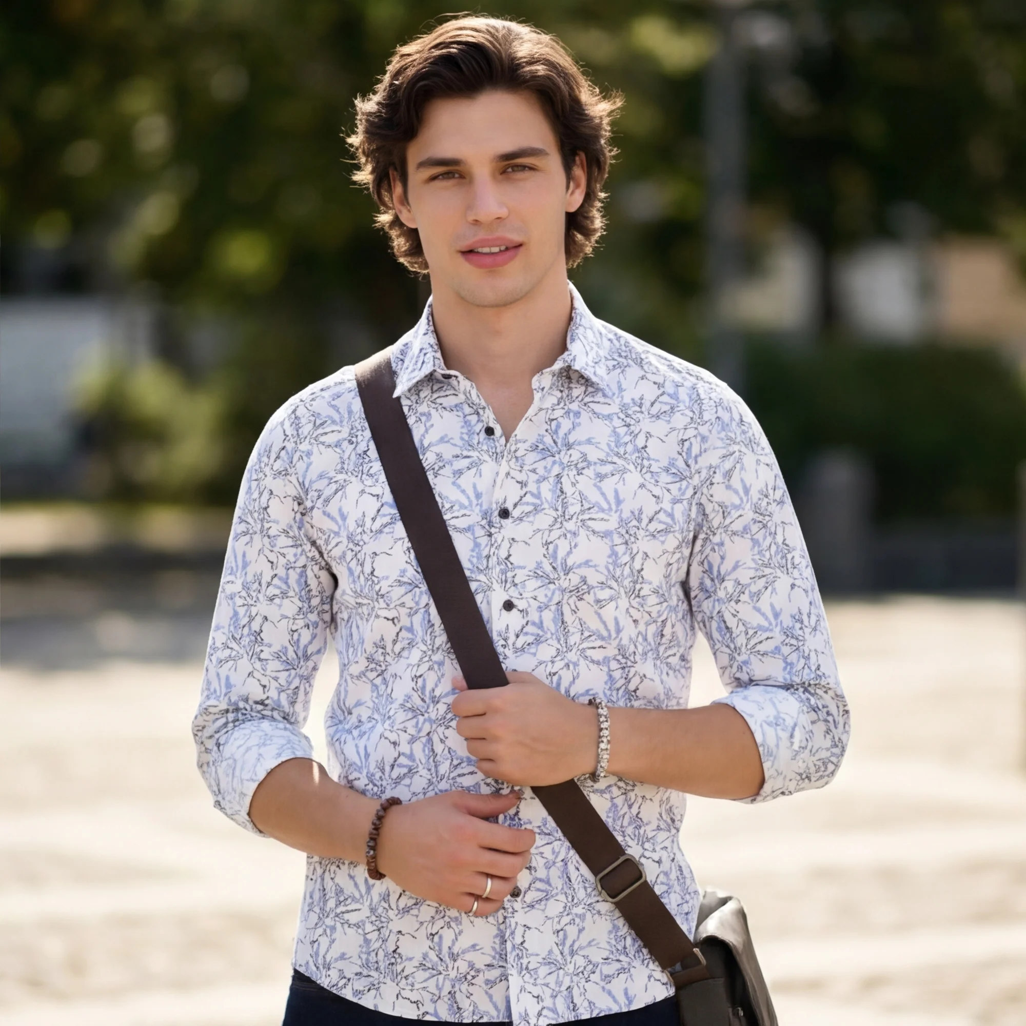 Full Sleeves Slim Fit Lavender All-Over Branch Pattern Dobby Structure Print Shirt - Image 2