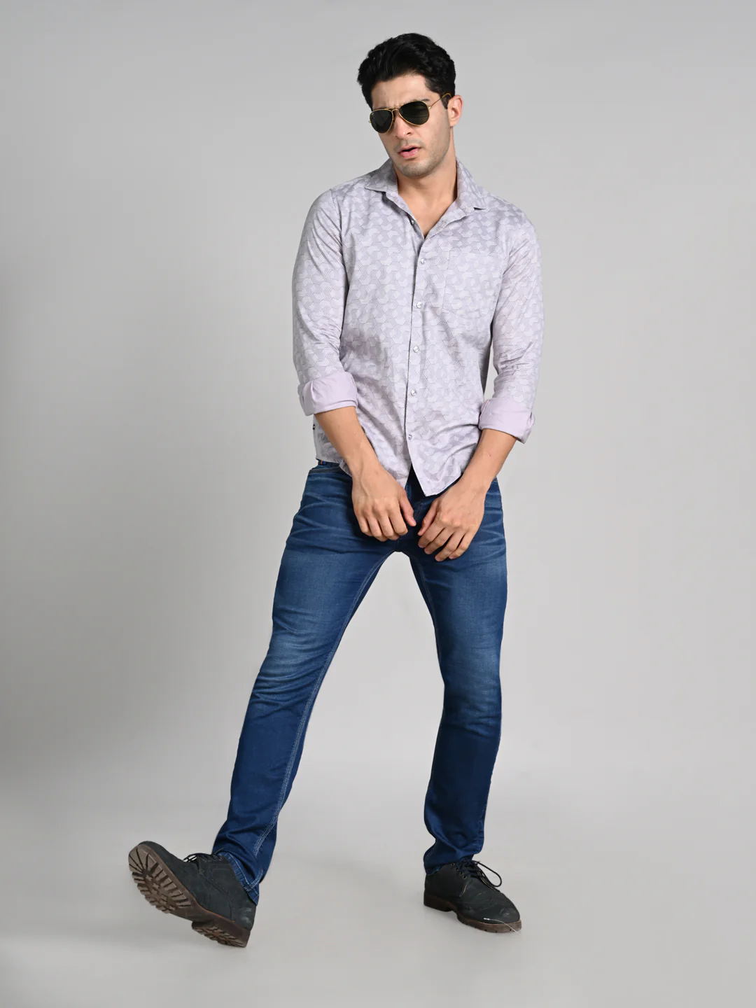 Full Sleeves Slim Fit Purple All over Micro Geometric Print Shirt - Image 3