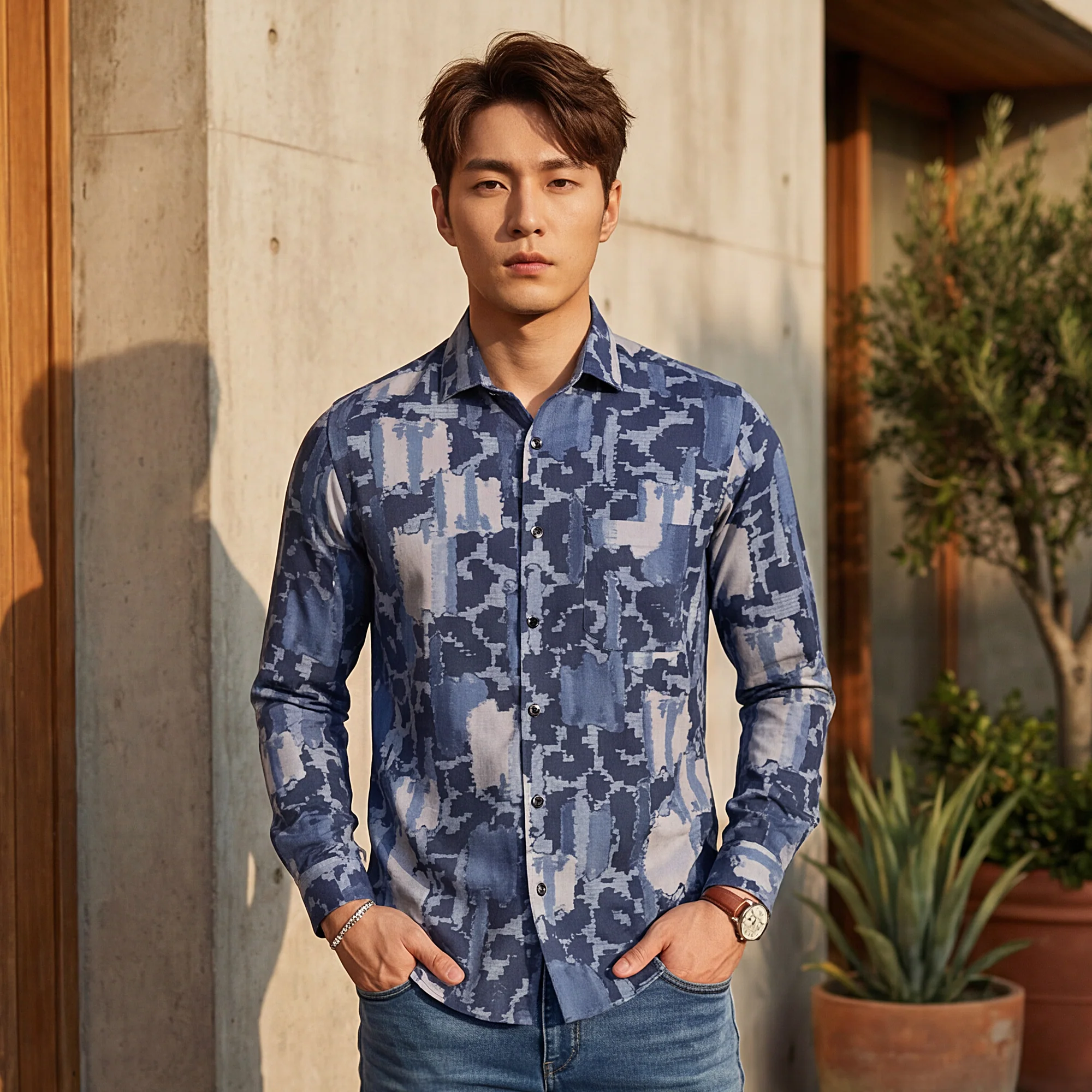 Full Sleeves Slim Fit Purple All over Abstract Camou Dobby Textured Print Shirt - Image 2