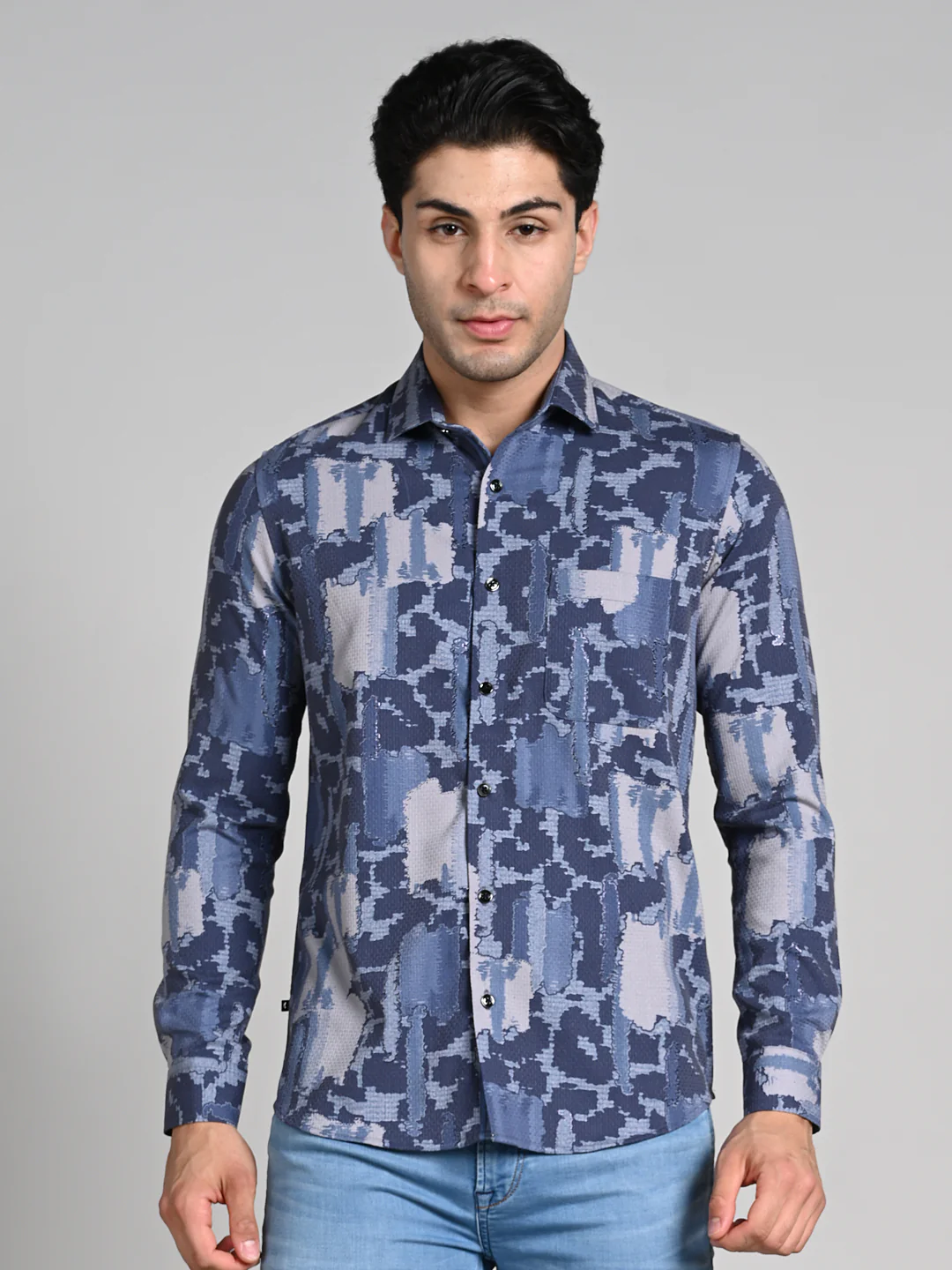 Full Sleeves Slim Fit Purple All over Abstract Camou Dobby Textured Print Shirt - Image 4