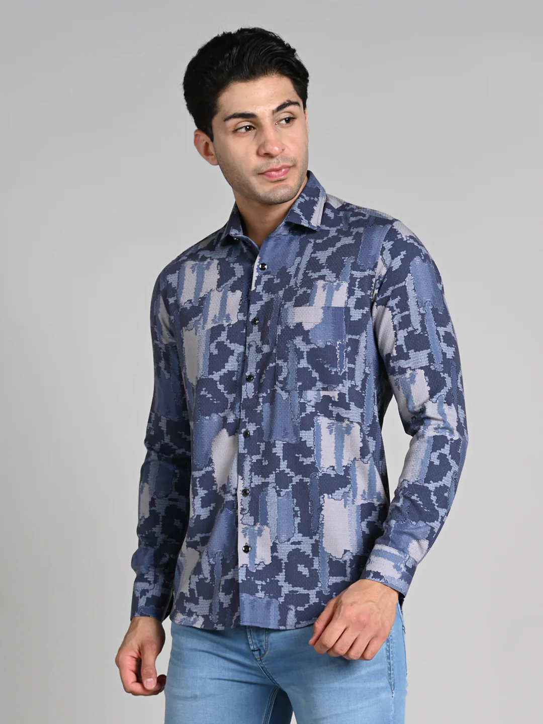 Full Sleeves Slim Fit Purple All over Abstract Camou Dobby Textured Print Shirt - Image 5