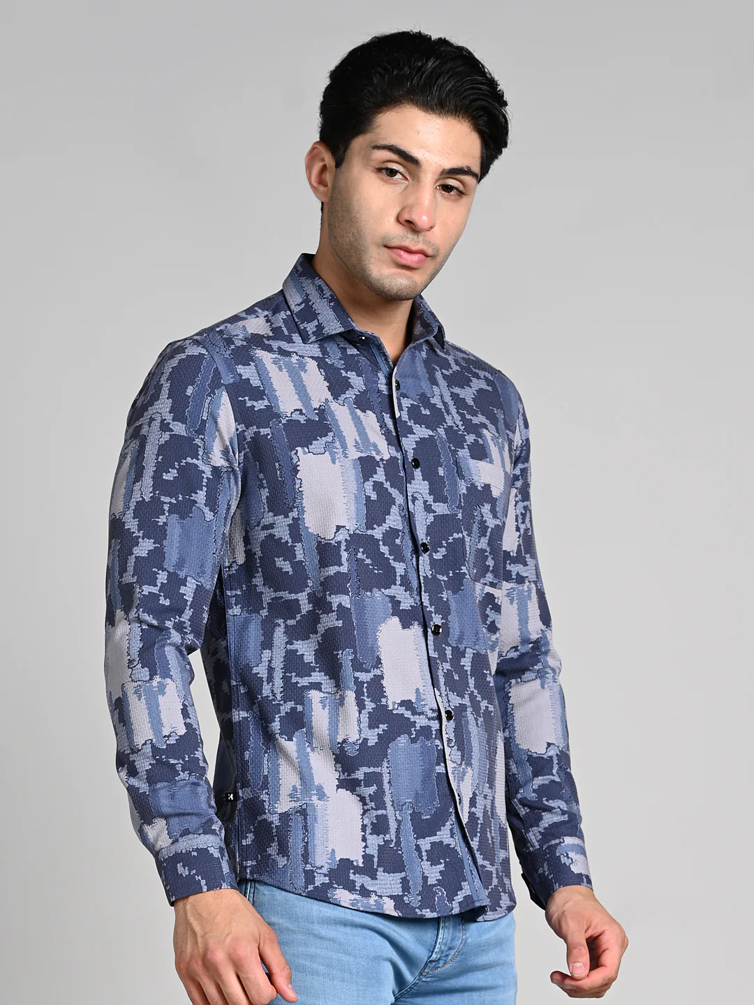 Full Sleeves Slim Fit Purple All over Abstract Camou Dobby Textured Print Shirt - Image 6
