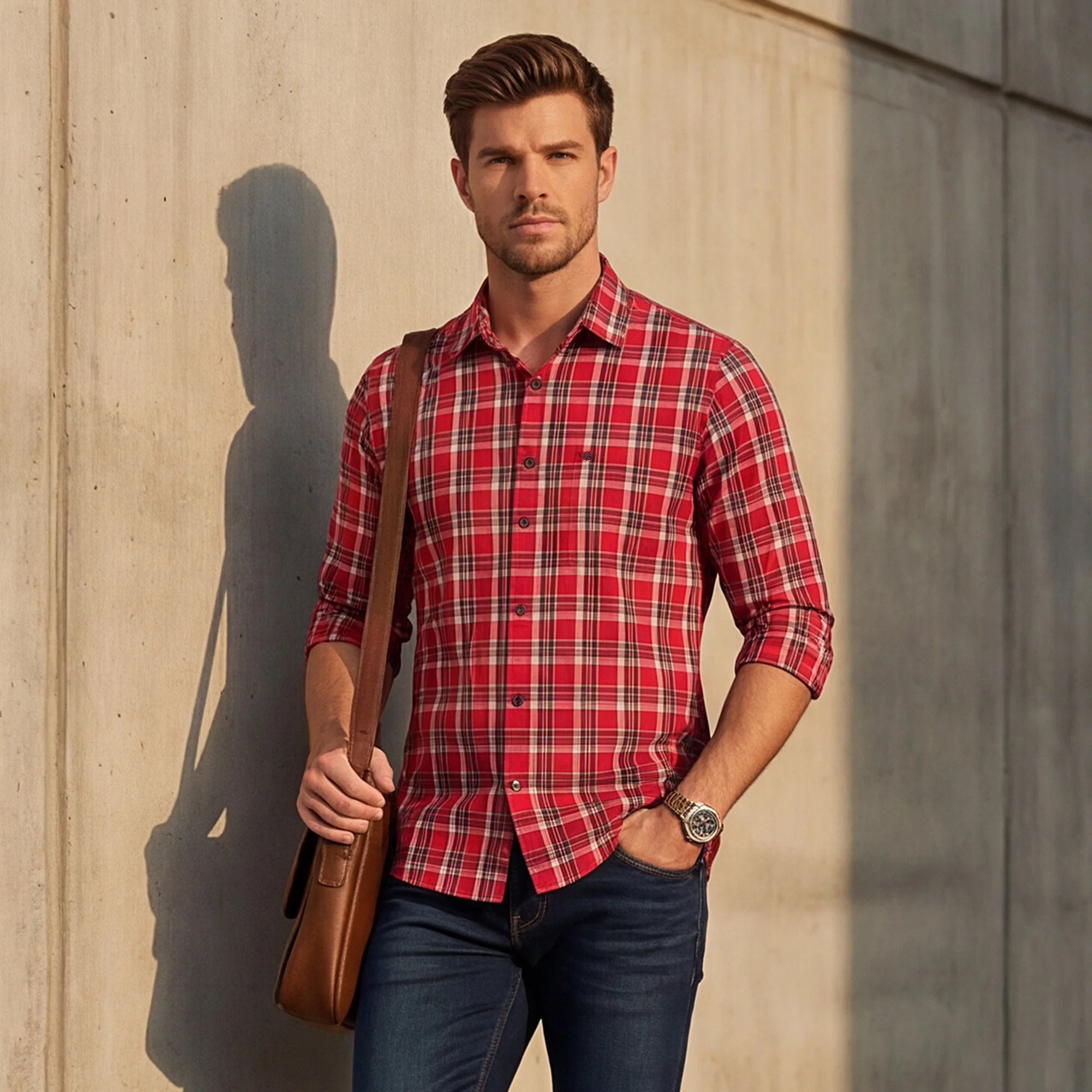 Full sleeves Slim Fit Red Checks Shirt - Image 2