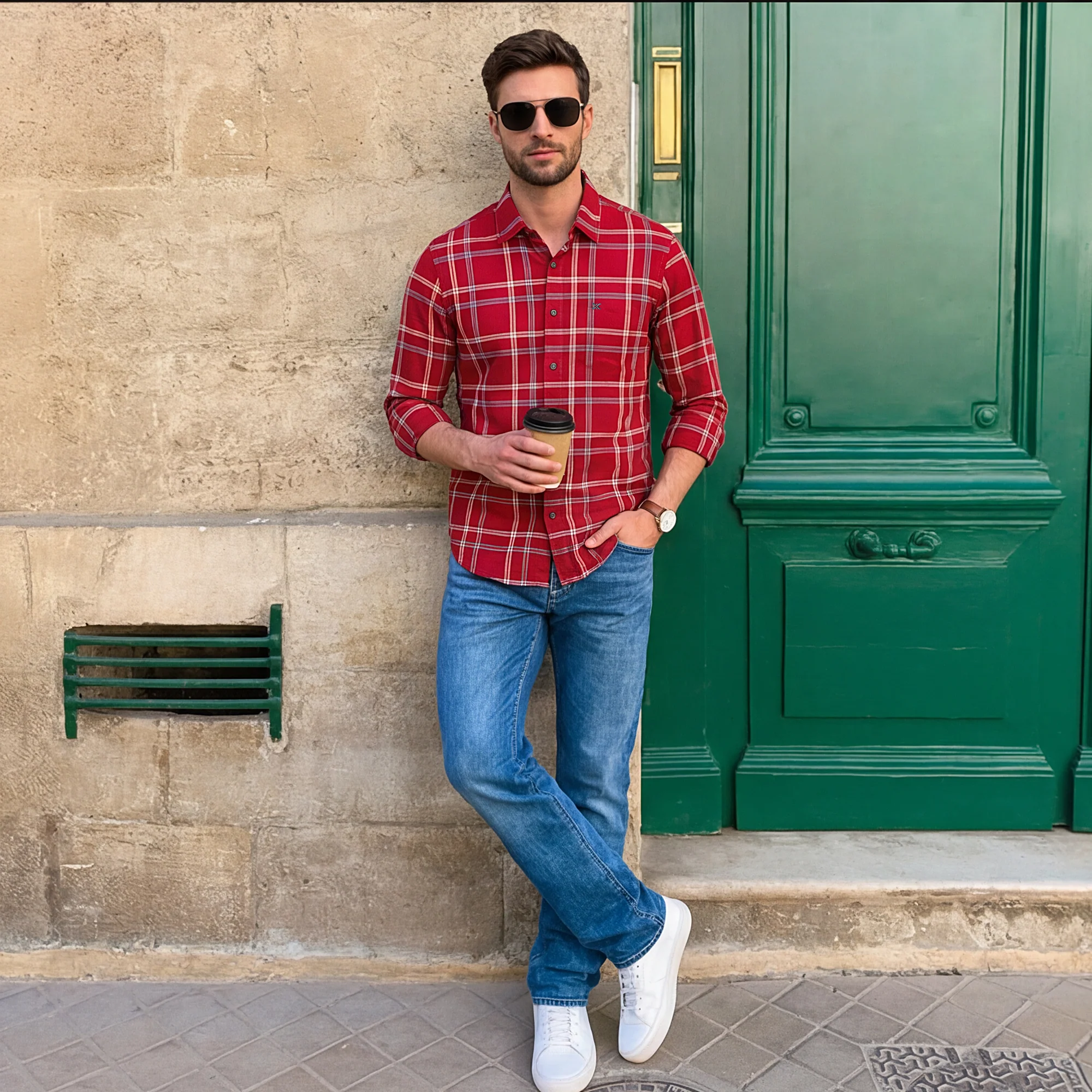 Full Sleeves Slim Fit Red Structure Oxford Checks Shirt