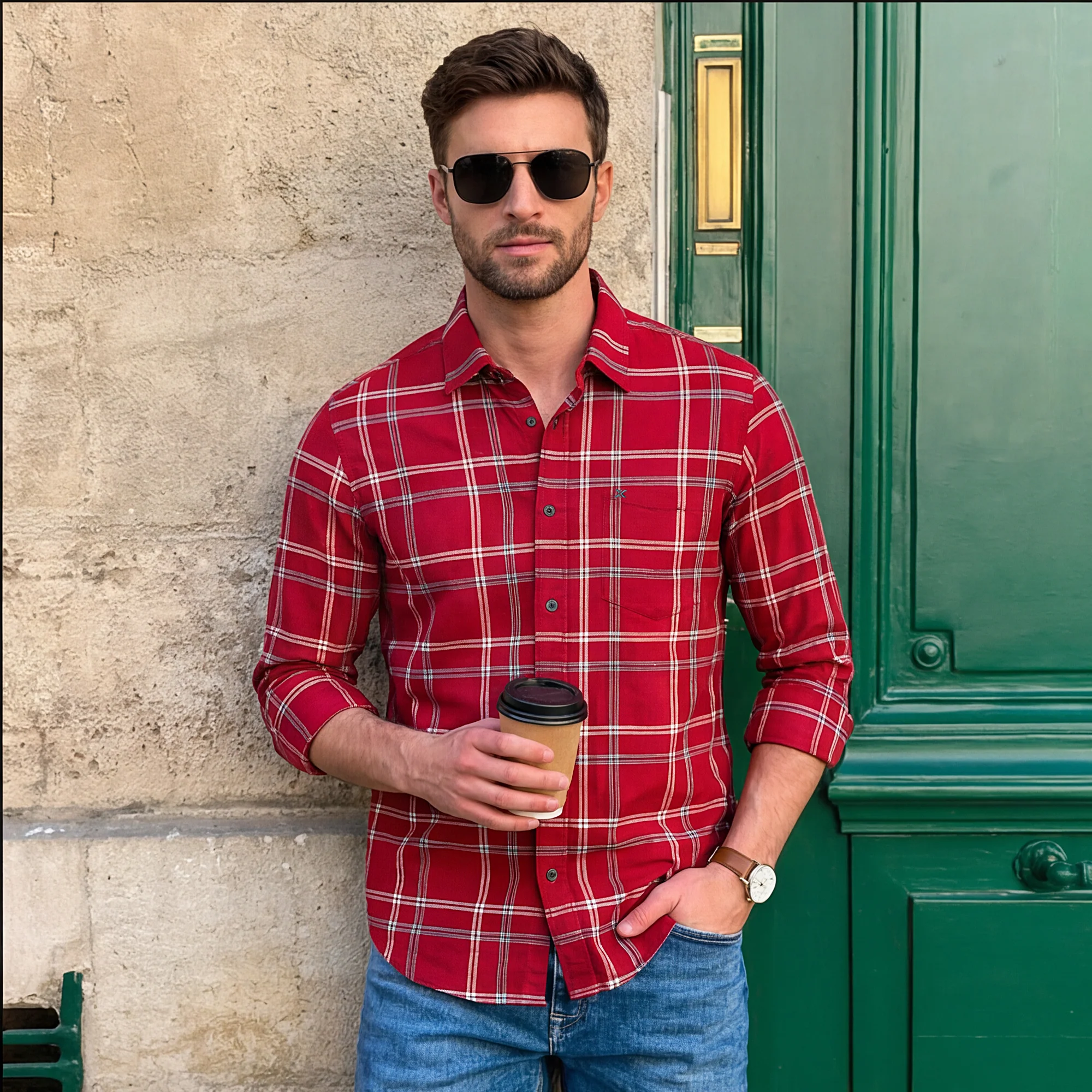 Full Sleeves Slim Fit Red Structure Oxford Checks Shirt - Image 2
