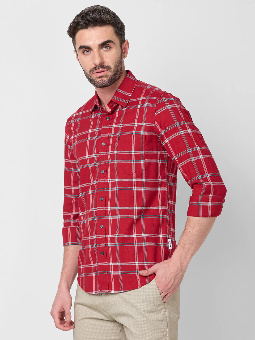 Full Sleeves Slim Fit Red Structure Oxford Checks Shirt - Image 6