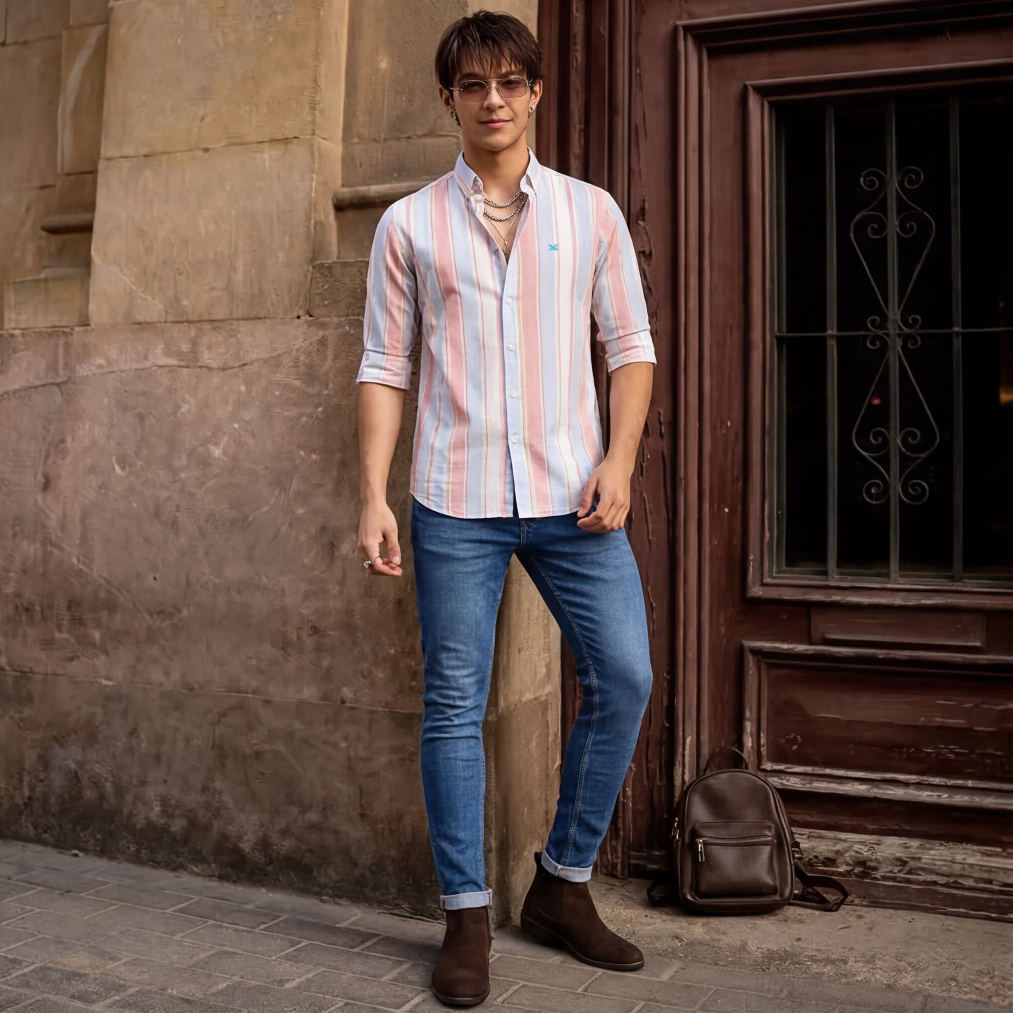 Full sleeves Slim Fit Red Multi Striper Oxford Shirt