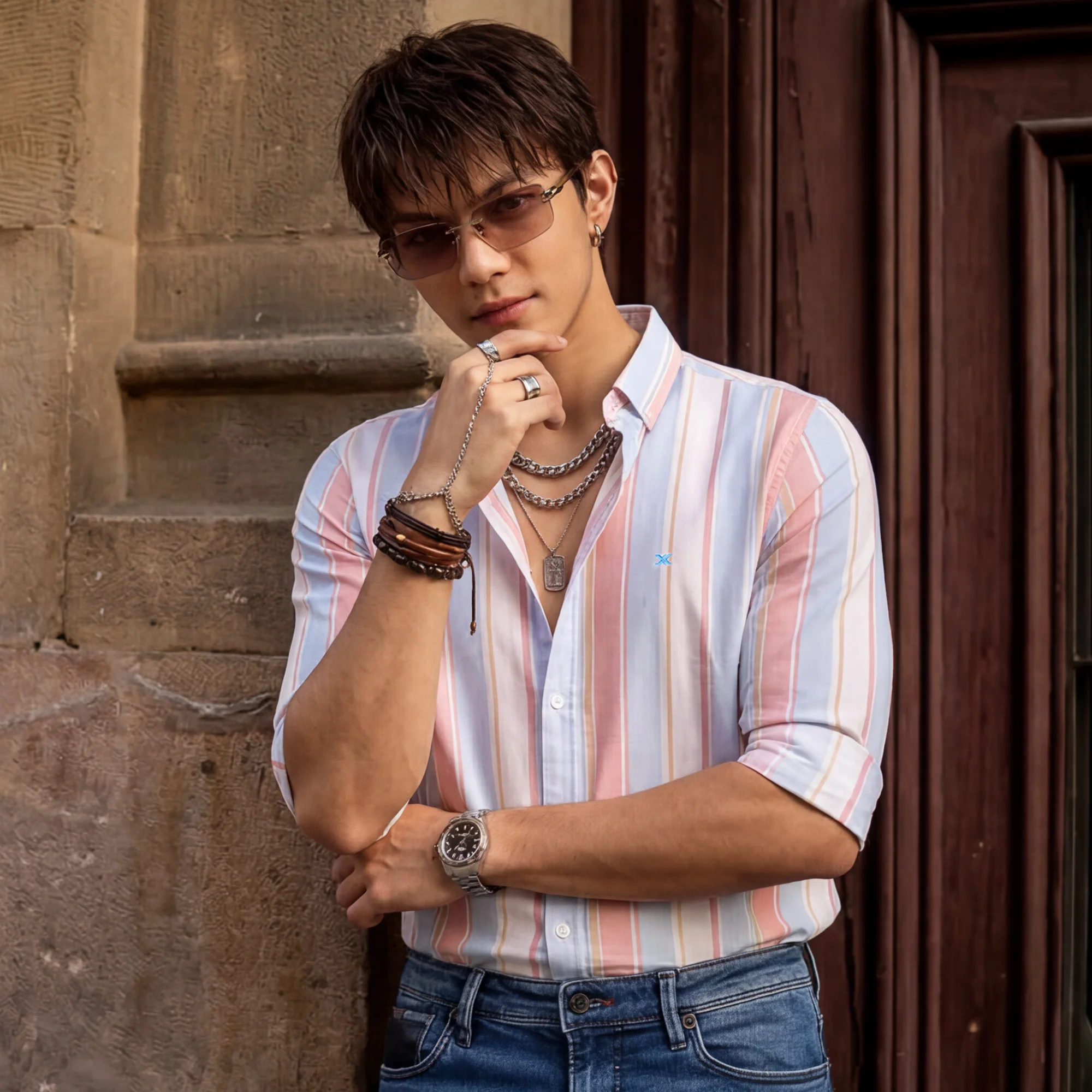 Full sleeves Slim Fit Red Multi Striper Oxford Shirt - Image 2