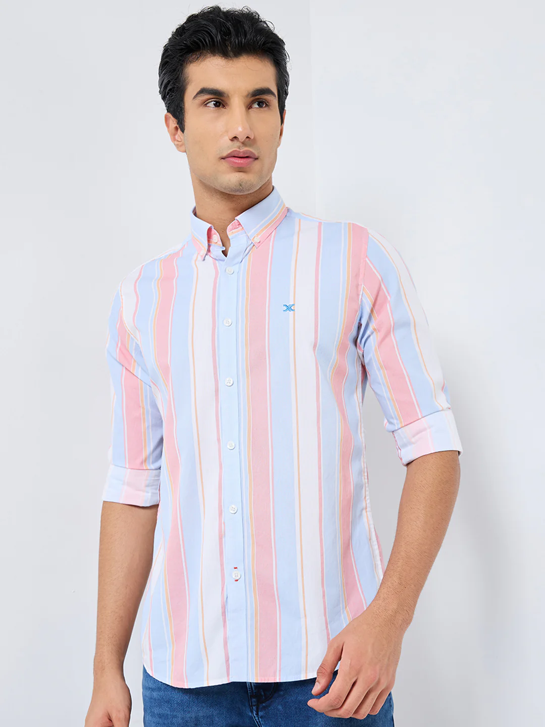 Full sleeves Slim Fit Red Multi Striper Oxford Shirt - Image 3