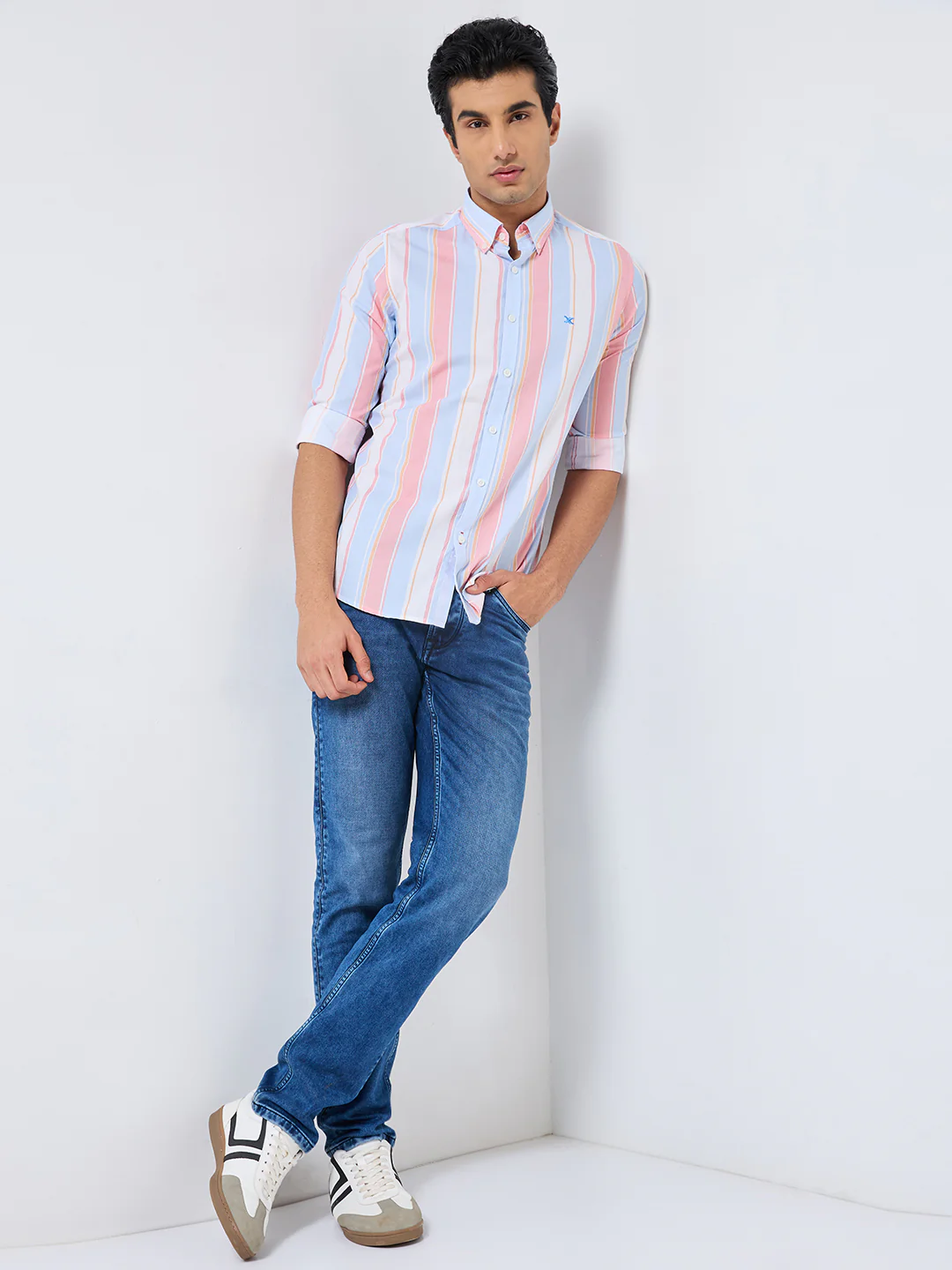 Full sleeves Slim Fit Red Multi Striper Oxford Shirt - Image 4