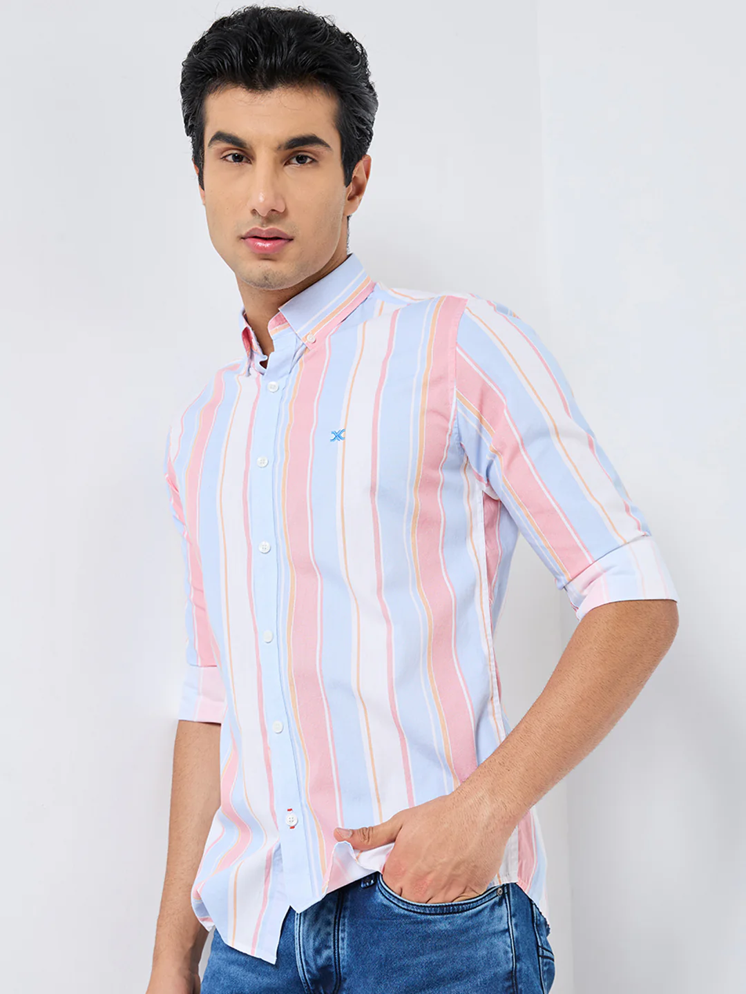 Full sleeves Slim Fit Red Multi Striper Oxford Shirt - Image 6