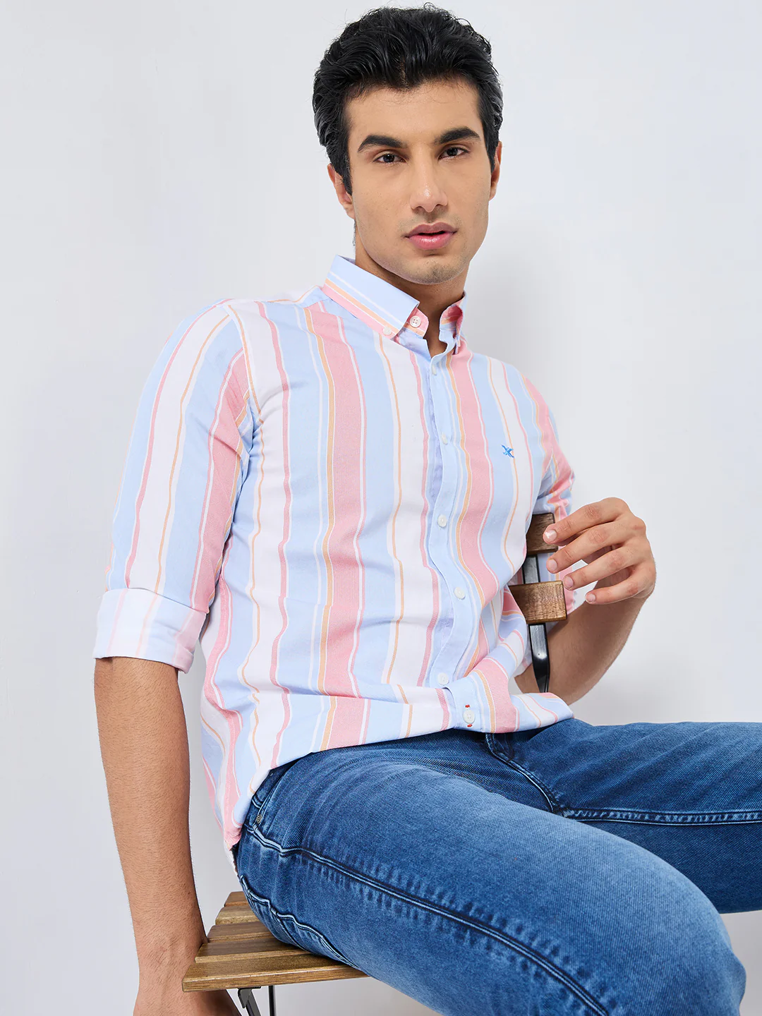 Full sleeves Slim Fit Red Multi Striper Oxford Shirt - Image 8