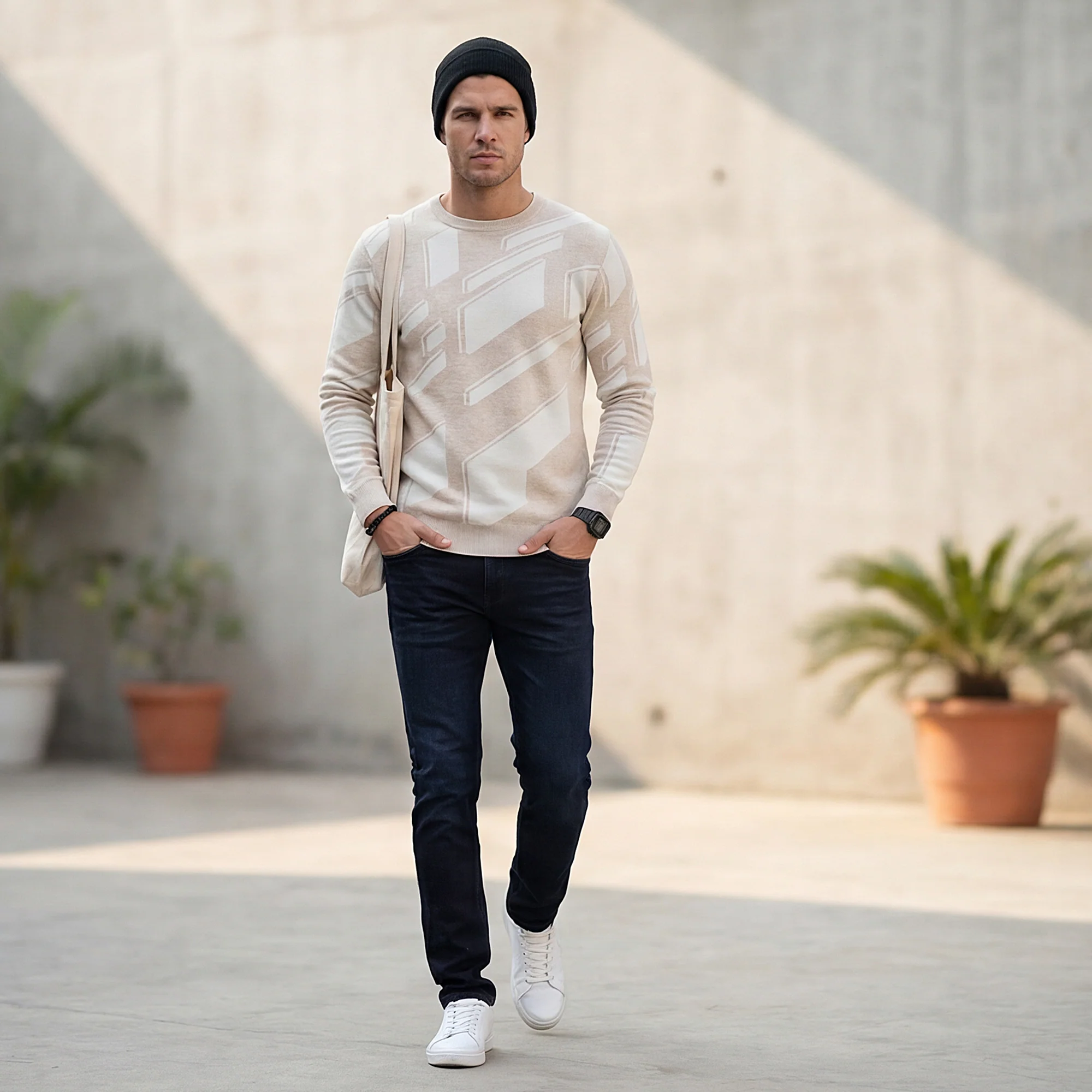 Killer Men Round Neck Khaki Sweaters