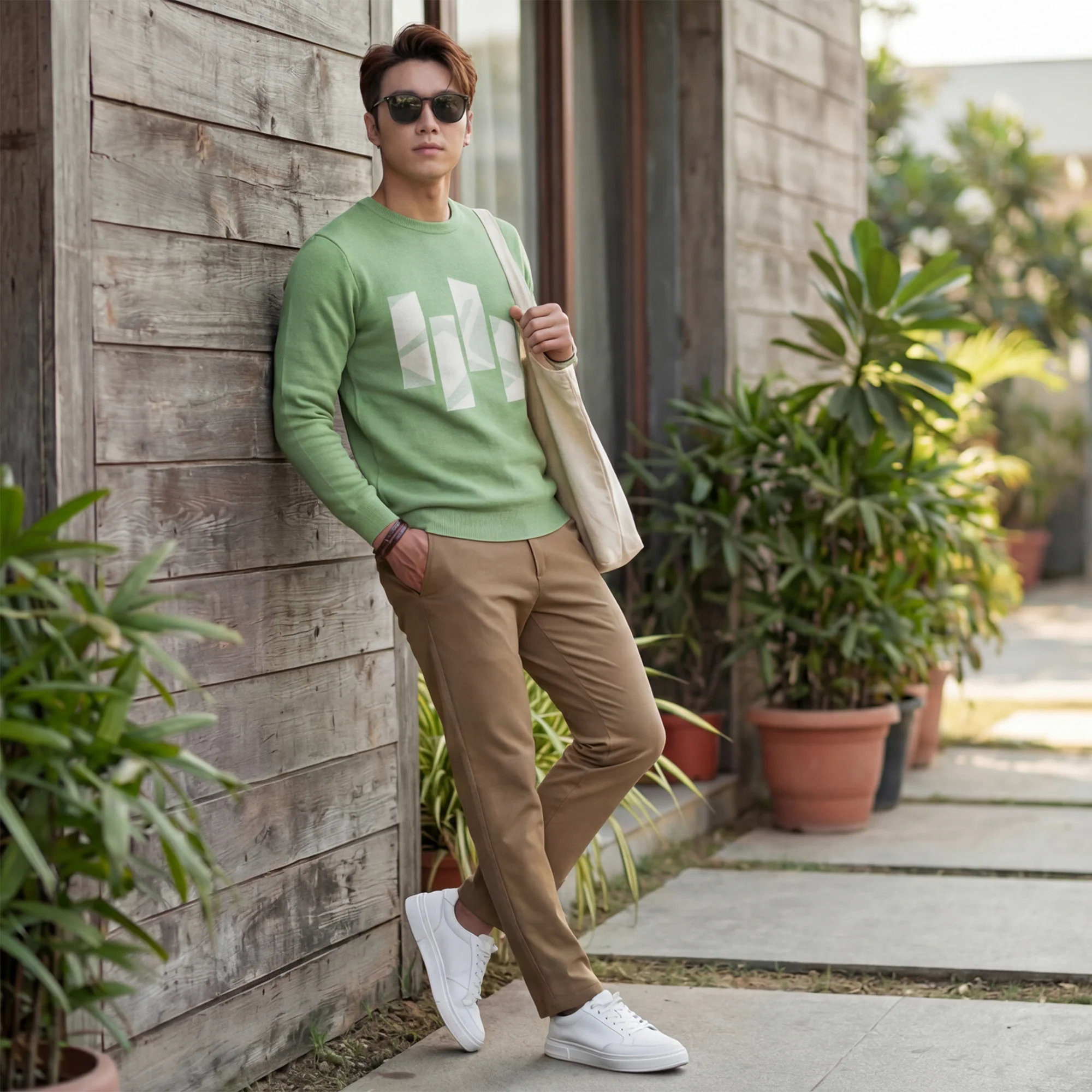 Killer Men Round Neck Light Green Sweaters