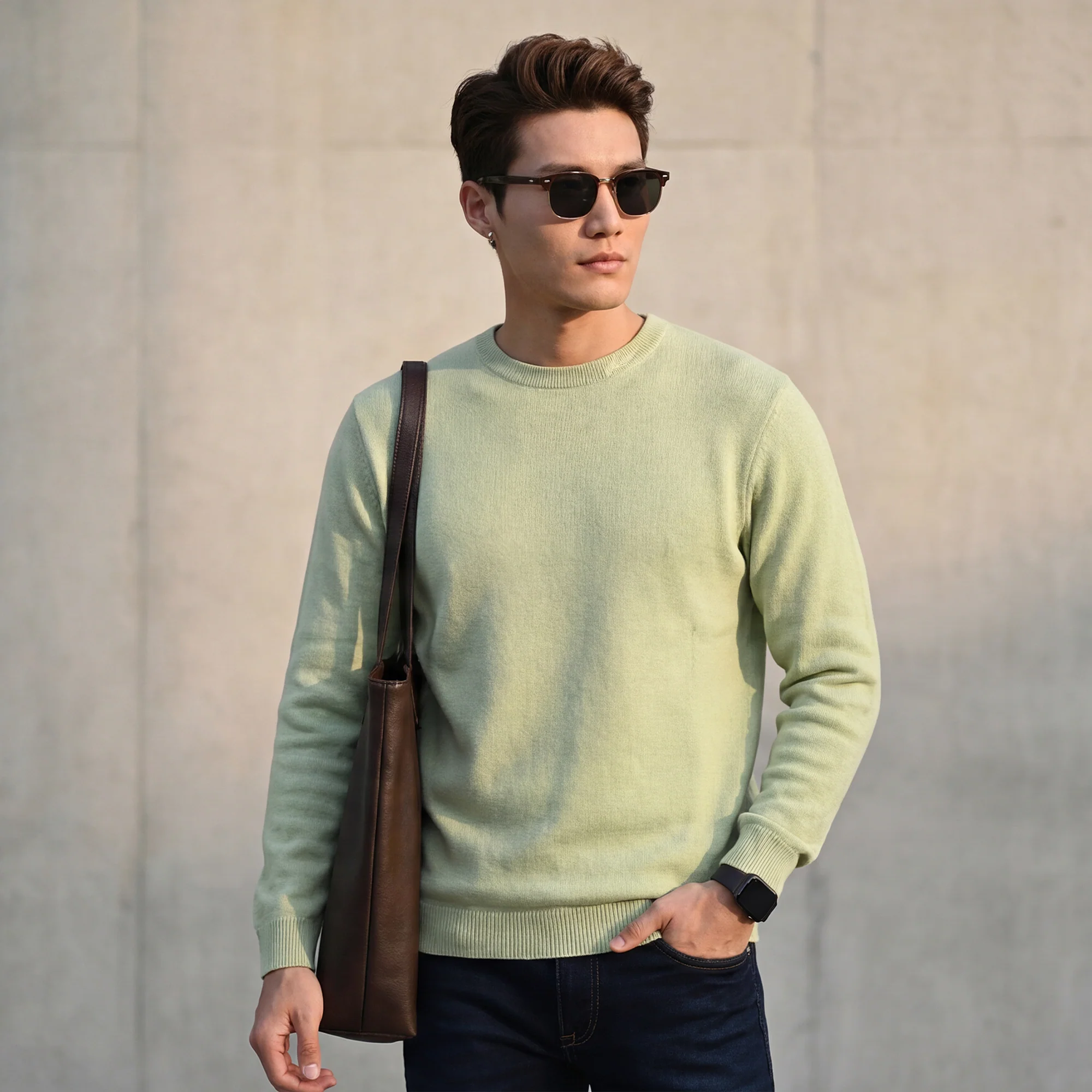 Killer Men Round Neck Light Green Sweaters - Image 2