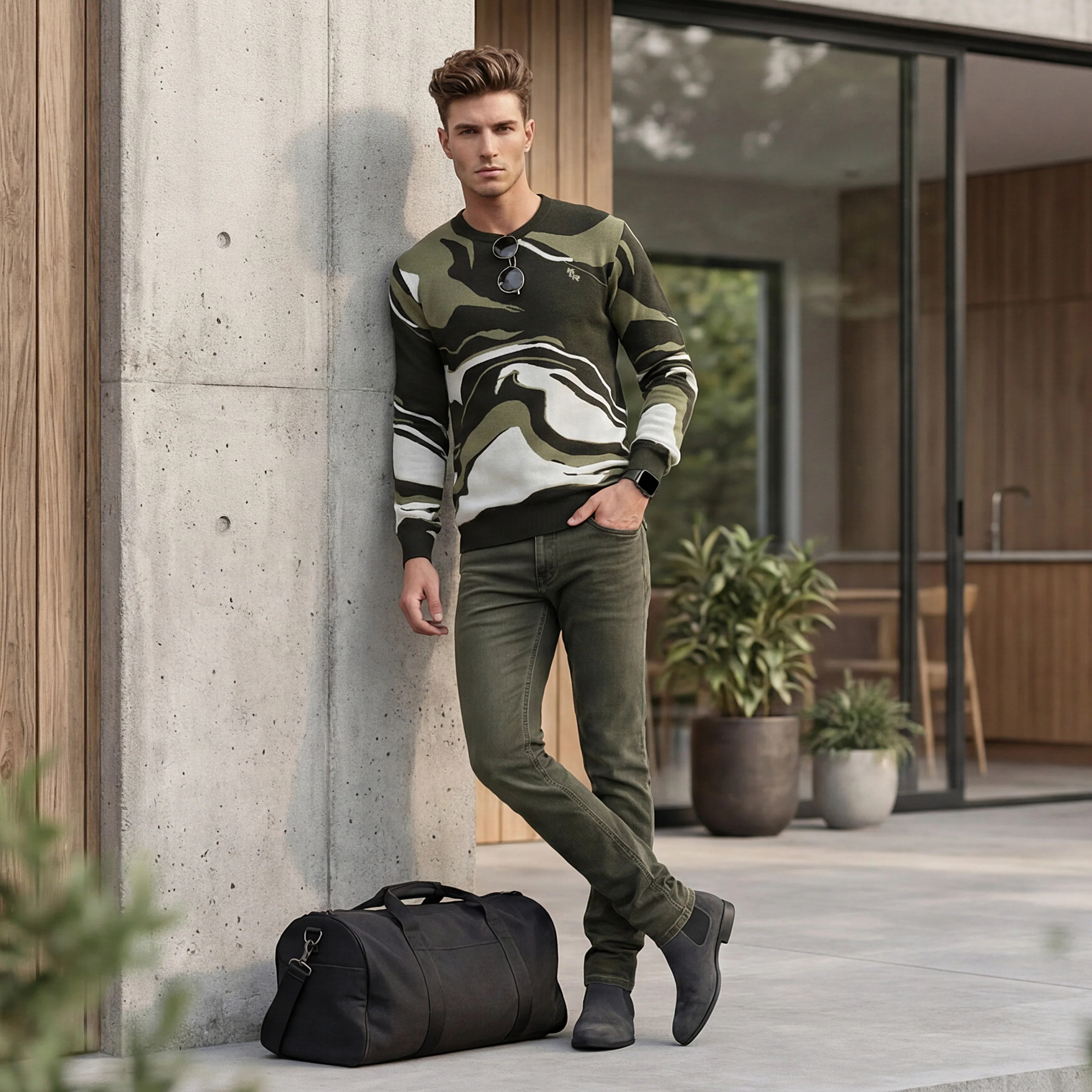 Killer Men Round Neck Olive Sweaters