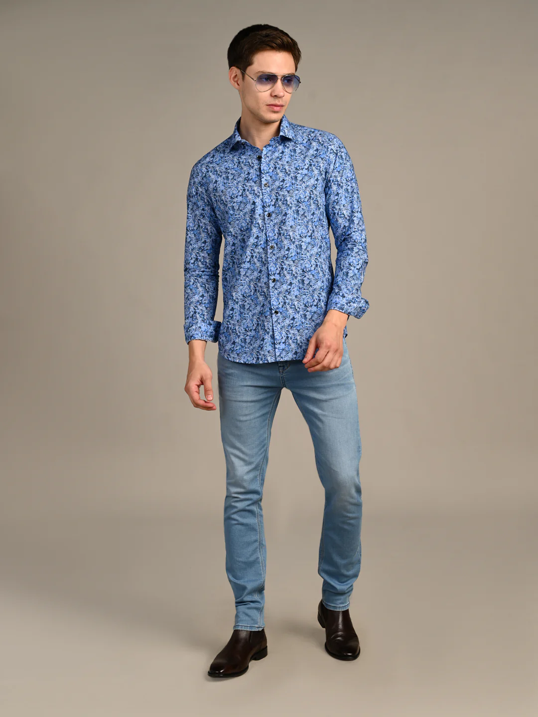 Full Sleeves Slim Fit Royal Blue All-Over Abstract Floral Print Shirt - Image 3