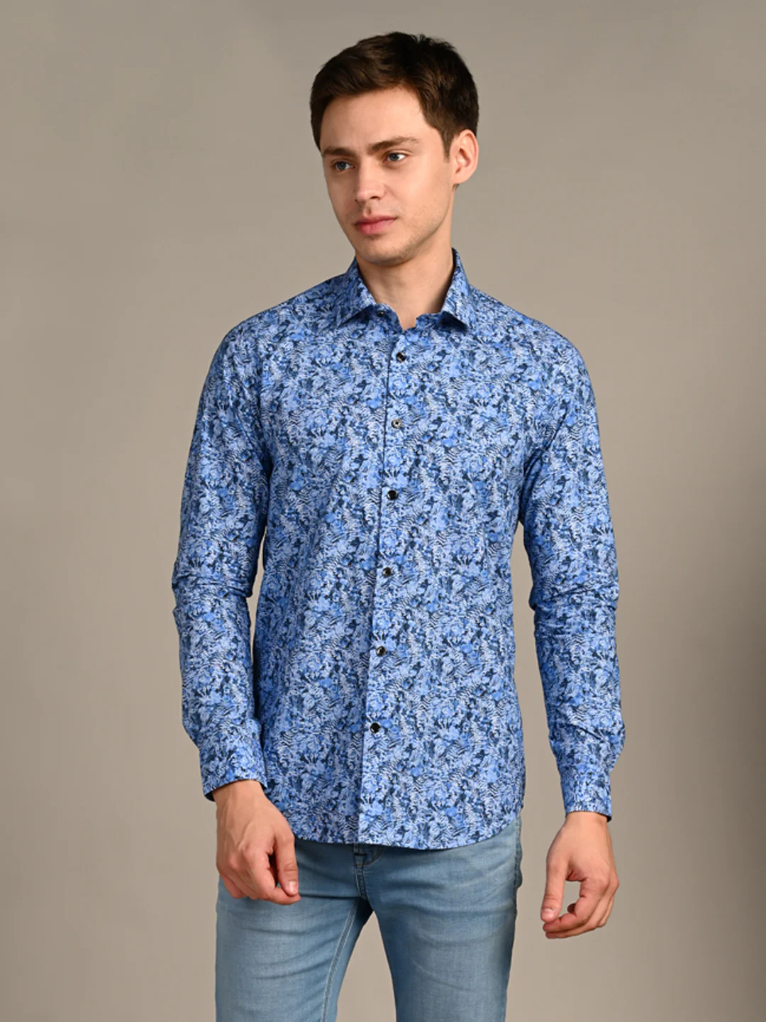 Full Sleeves Slim Fit Royal Blue All-Over Abstract Floral Print Shirt - Image 4