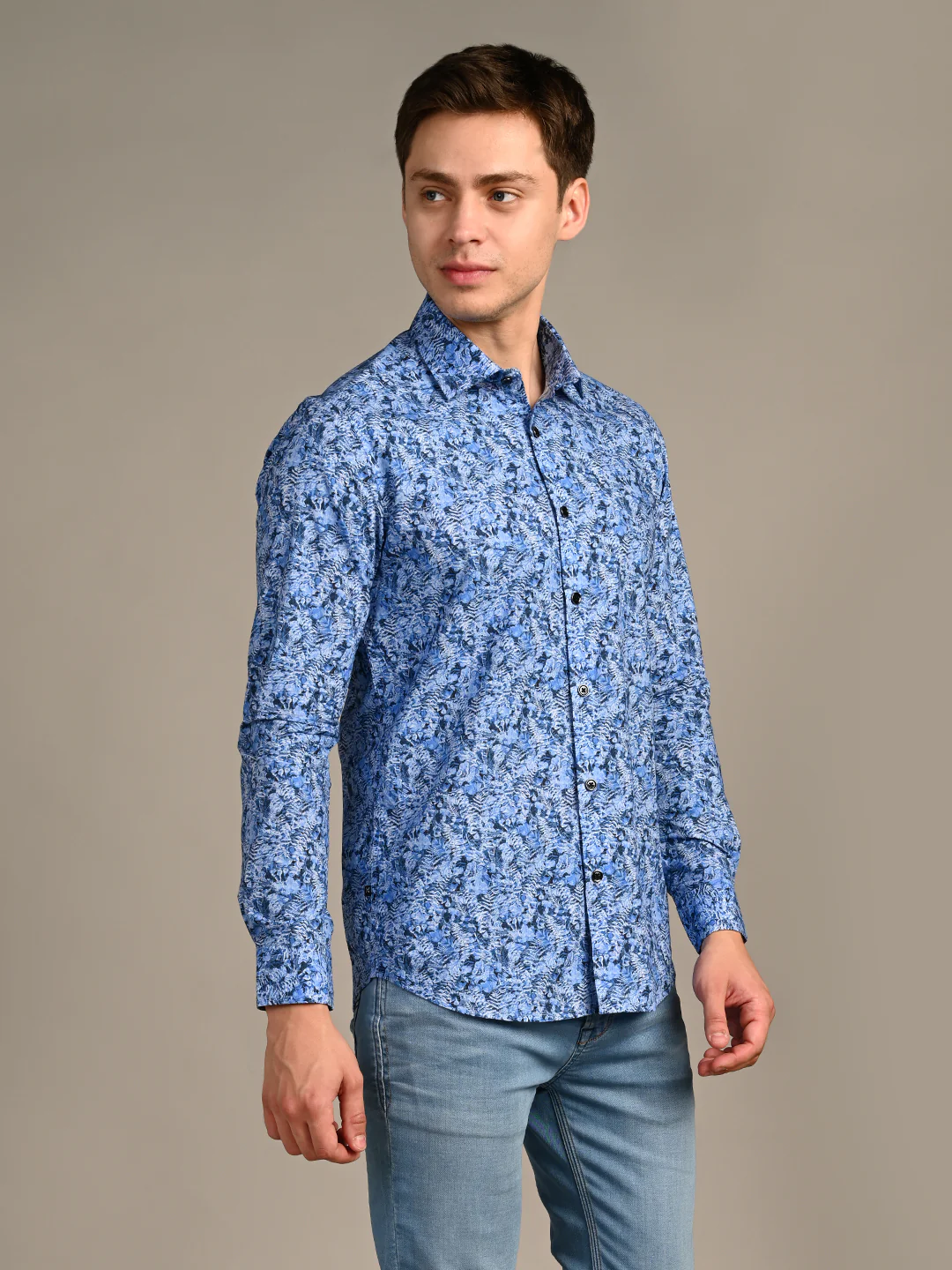 Full Sleeves Slim Fit Royal Blue All-Over Abstract Floral Print Shirt - Image 5