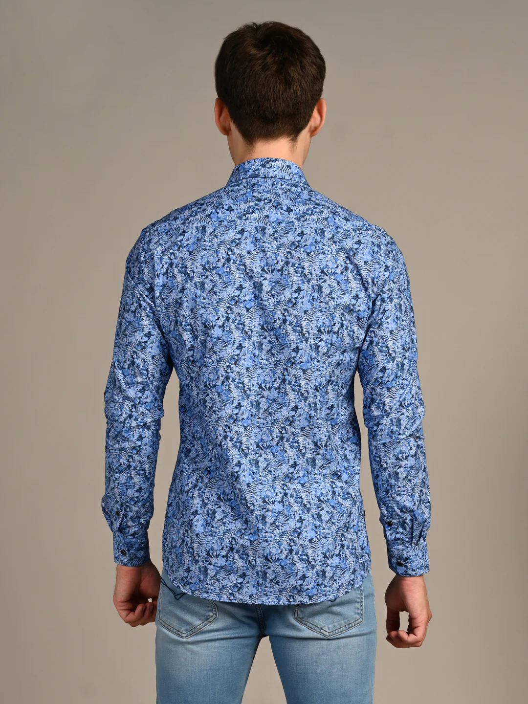 Full Sleeves Slim Fit Royal Blue All-Over Abstract Floral Print Shirt - Image 7