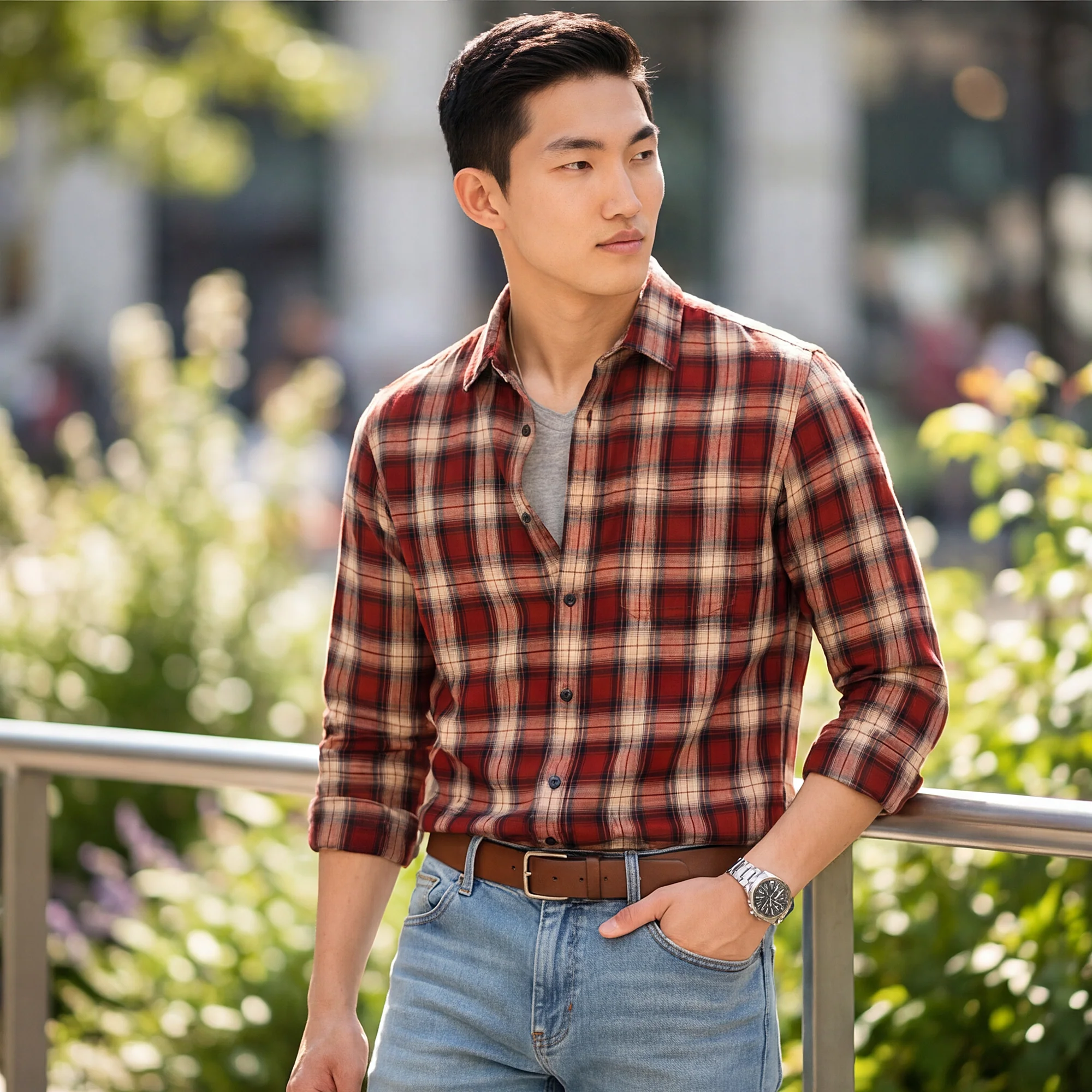 Full Sleeves Slim Fit Rust Mild Brushed Checks Shirt - Image 2
