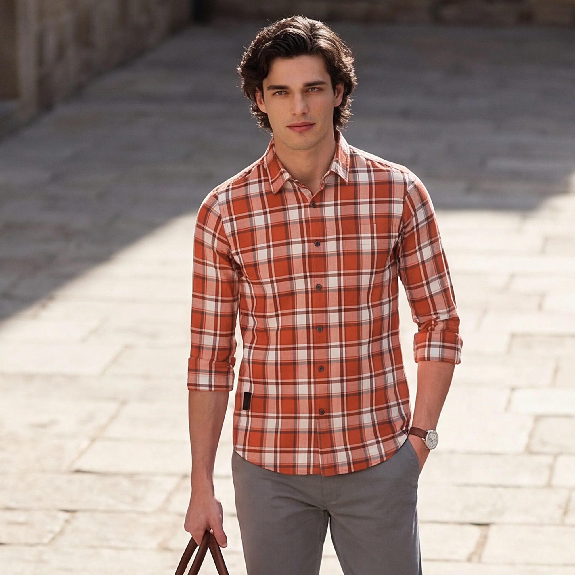 Full Sleeves Slim Fit Rust Checks Shirt - Image 2